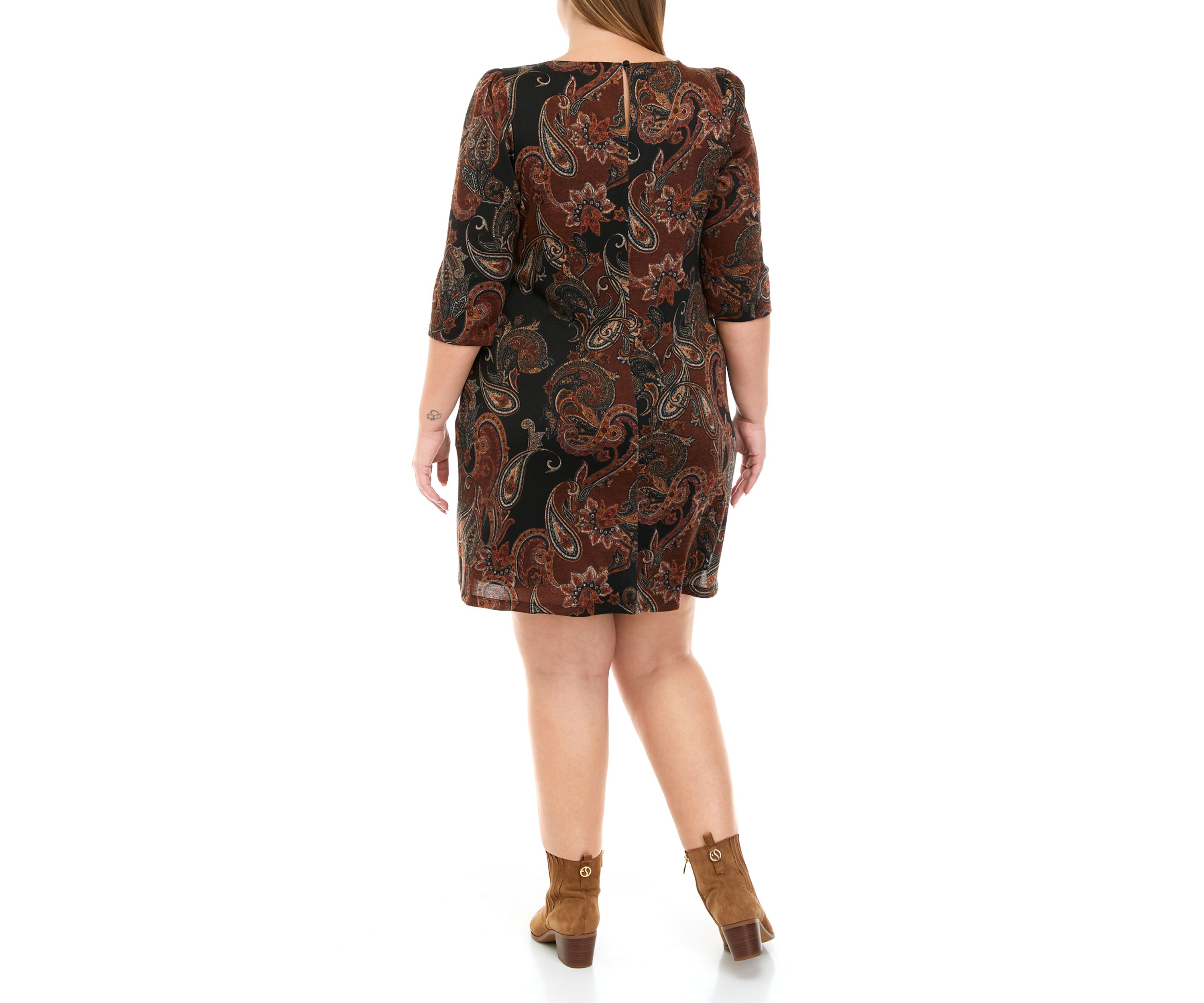 Plus Size Cozy Puff Shoulder Paisley A-Line Hacci Dress