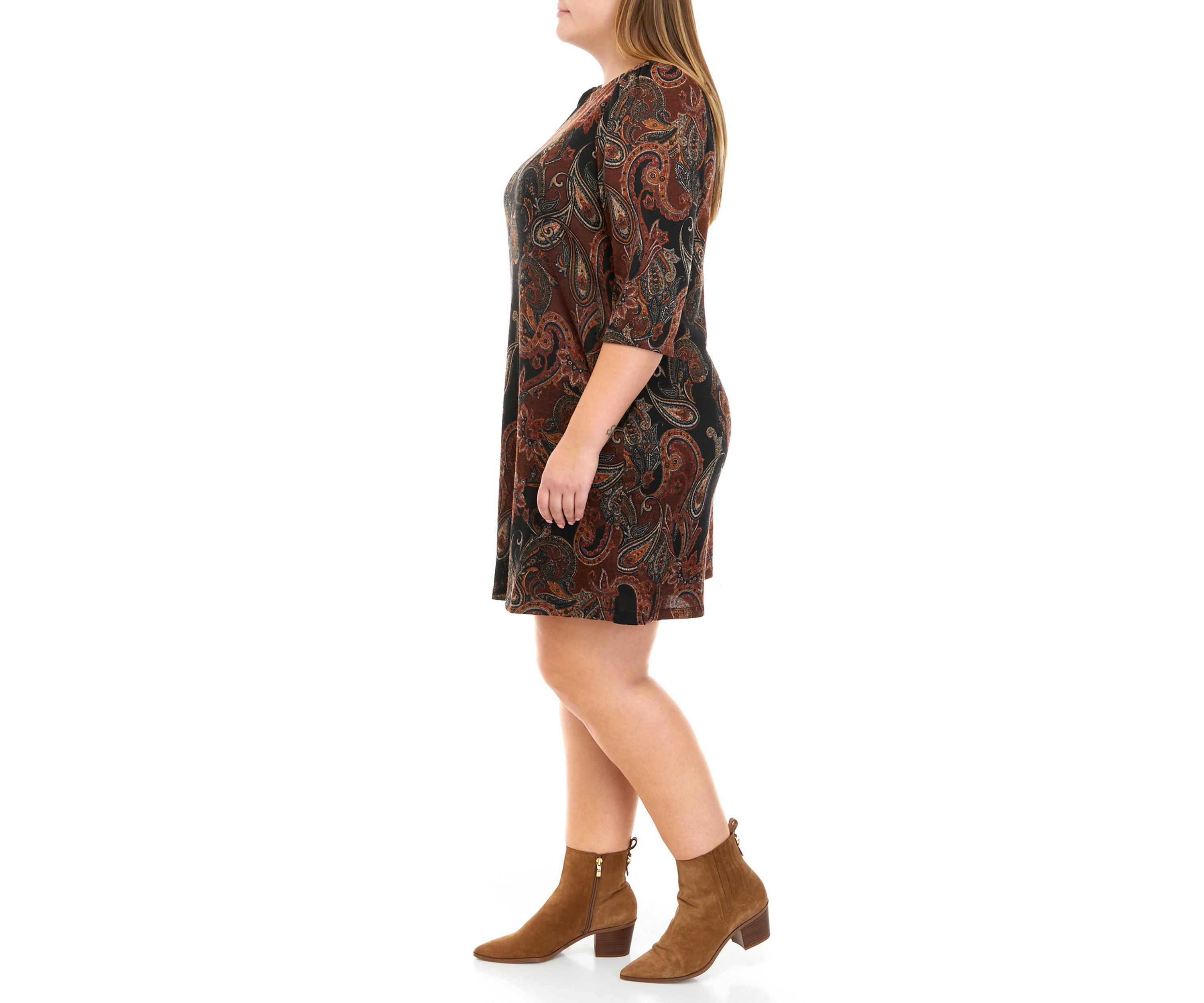 Plus Size Cozy Puff Shoulder Paisley A-Line Hacci Dress