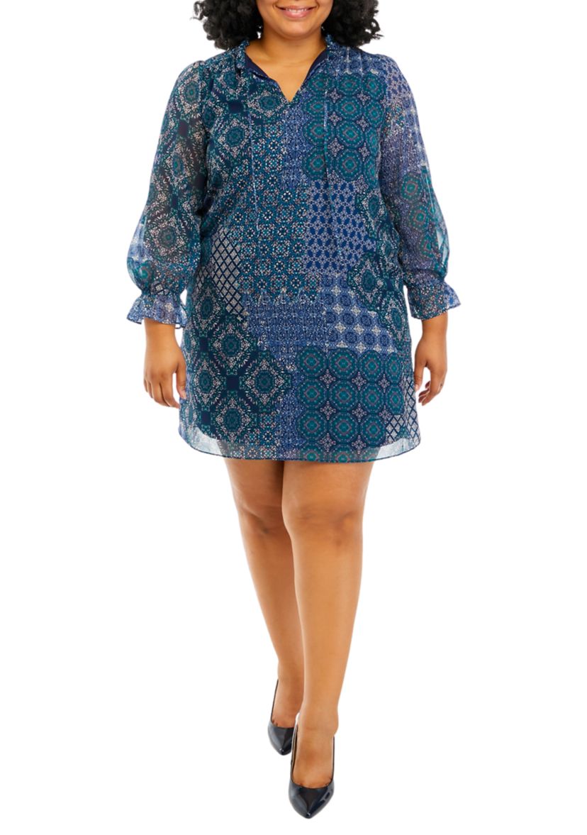 Plus Size Long Sleeve Tie Neck Printed A-Line Dress