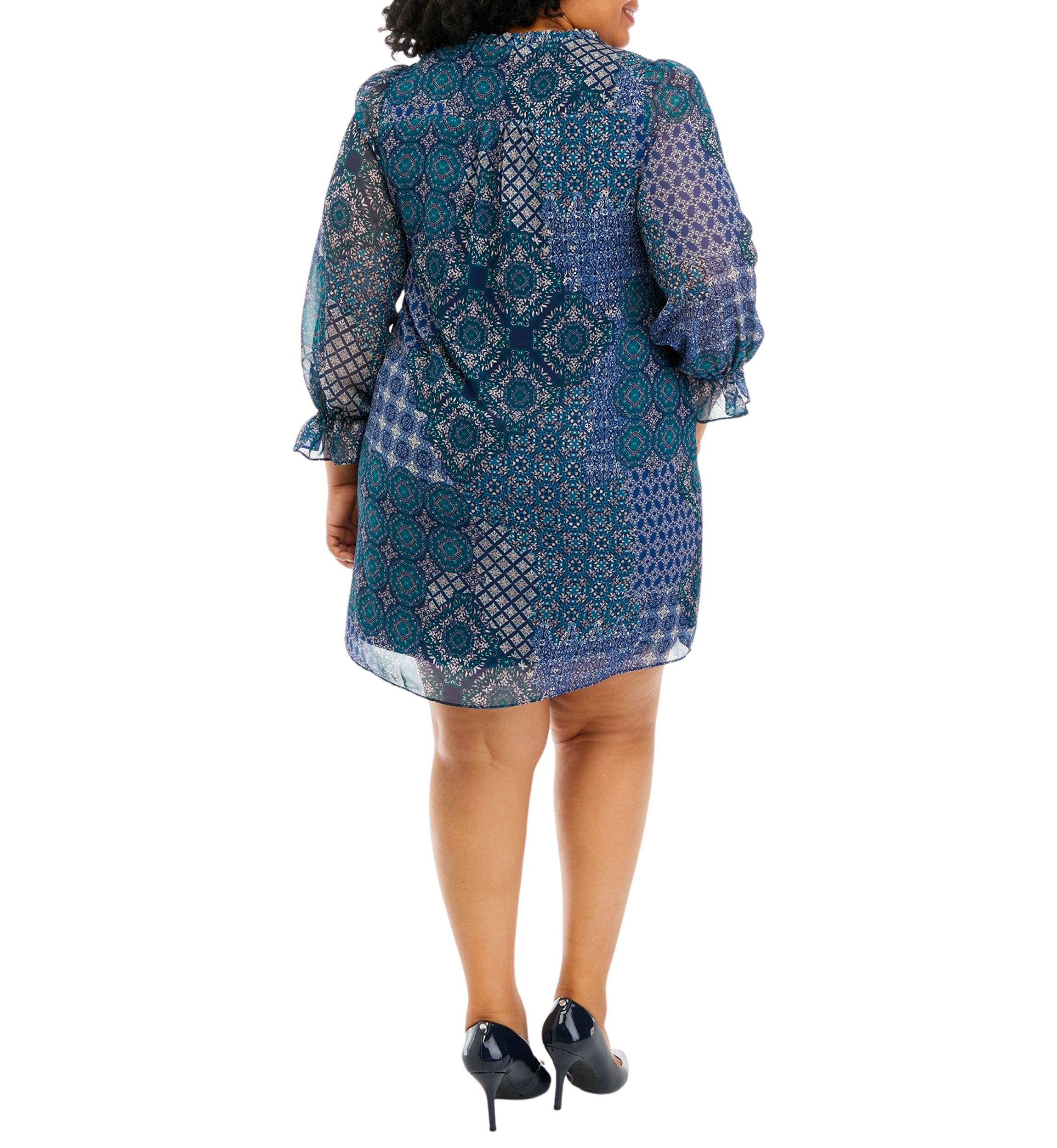 Plus Size Long Sleeve Tie Neck Printed A-Line Dress