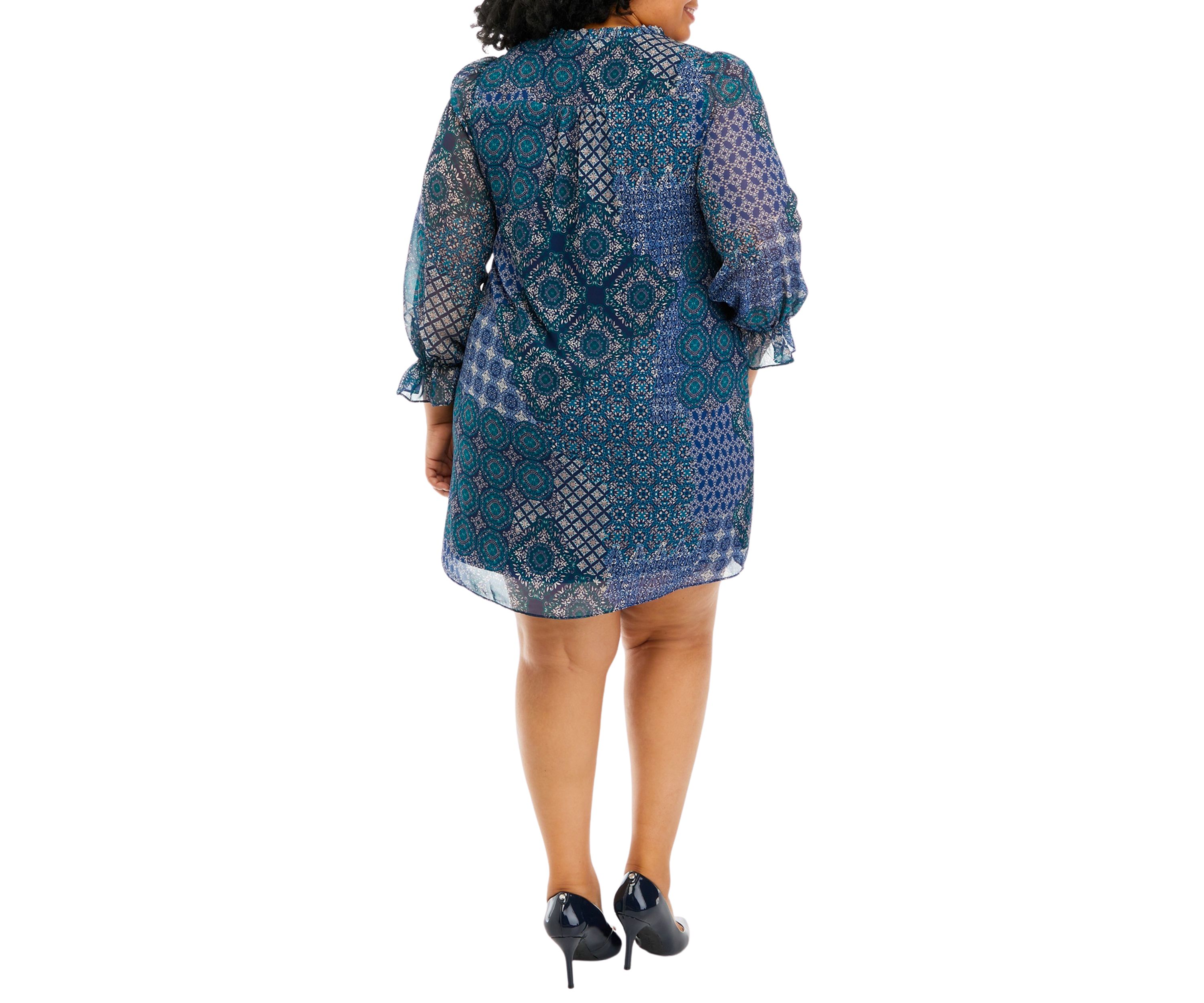 Plus Size Long Sleeve Tie Neck Printed A-Line Dress