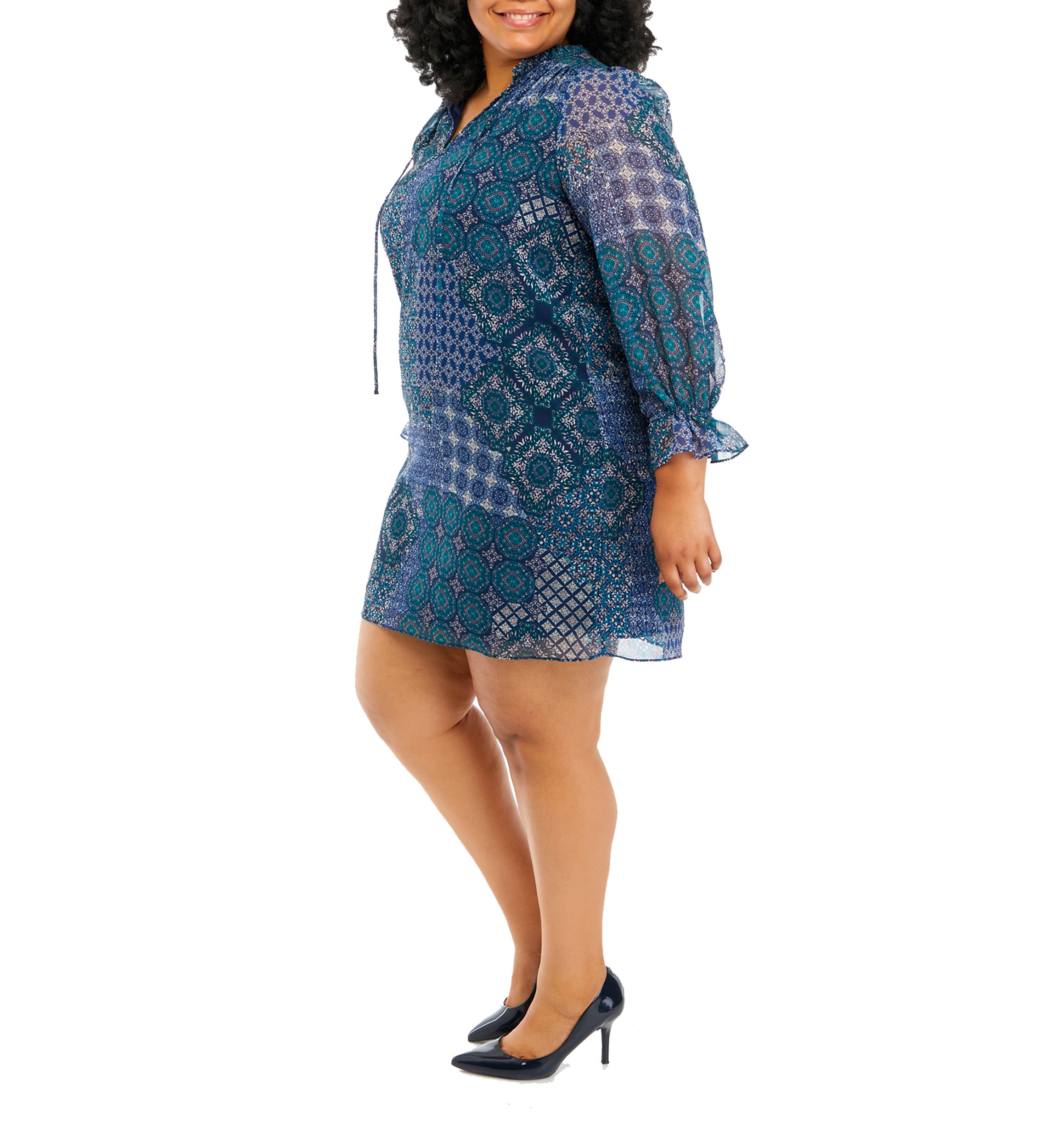 Plus Size Long Sleeve Tie Neck Printed A-Line Dress