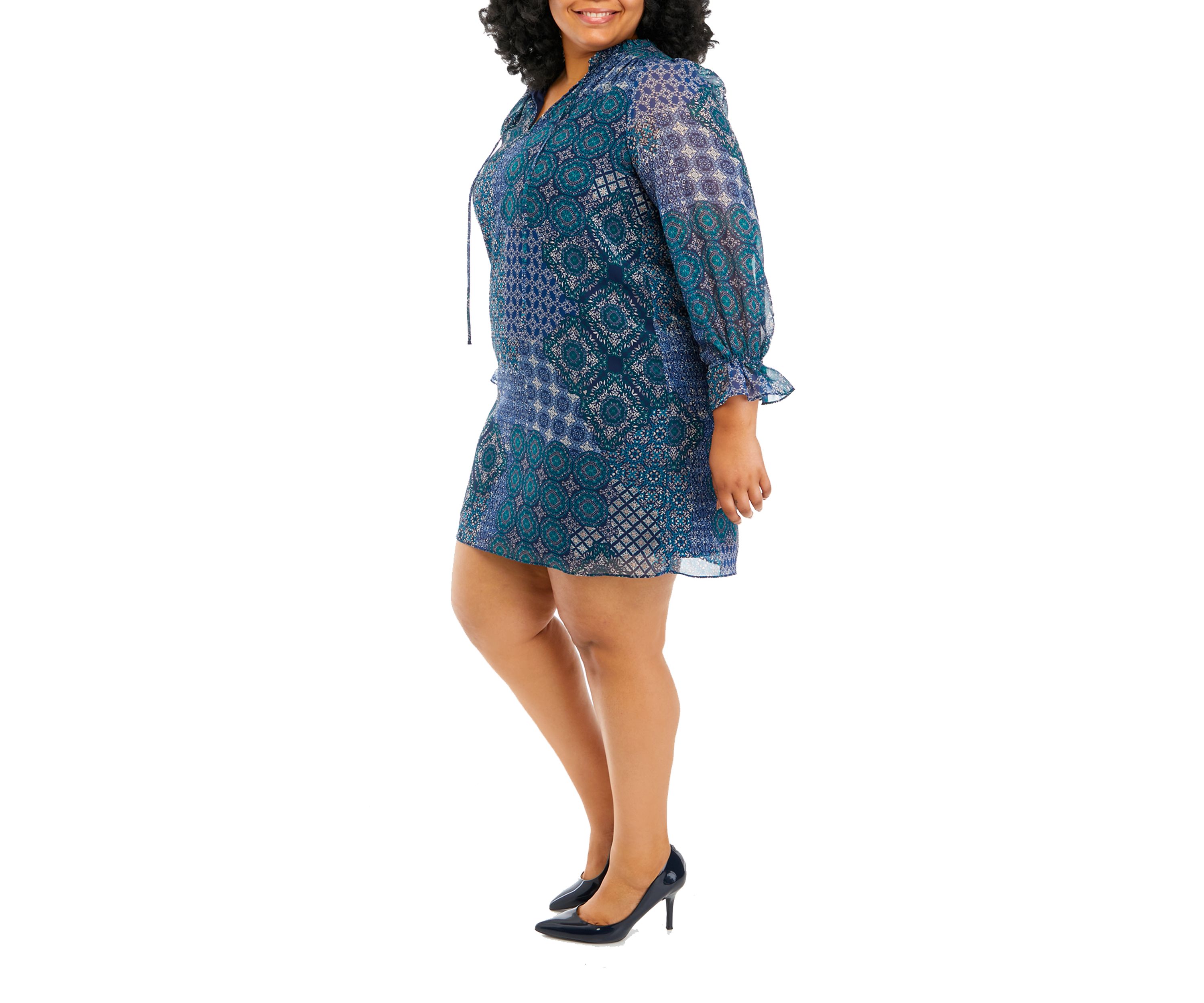 Plus Size Long Sleeve Tie Neck Printed A-Line Dress