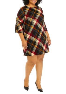 Jessica Howard Women's Plus Size 3/4 Bell Sleeve Plaid A-Line Dress, Red, 1X