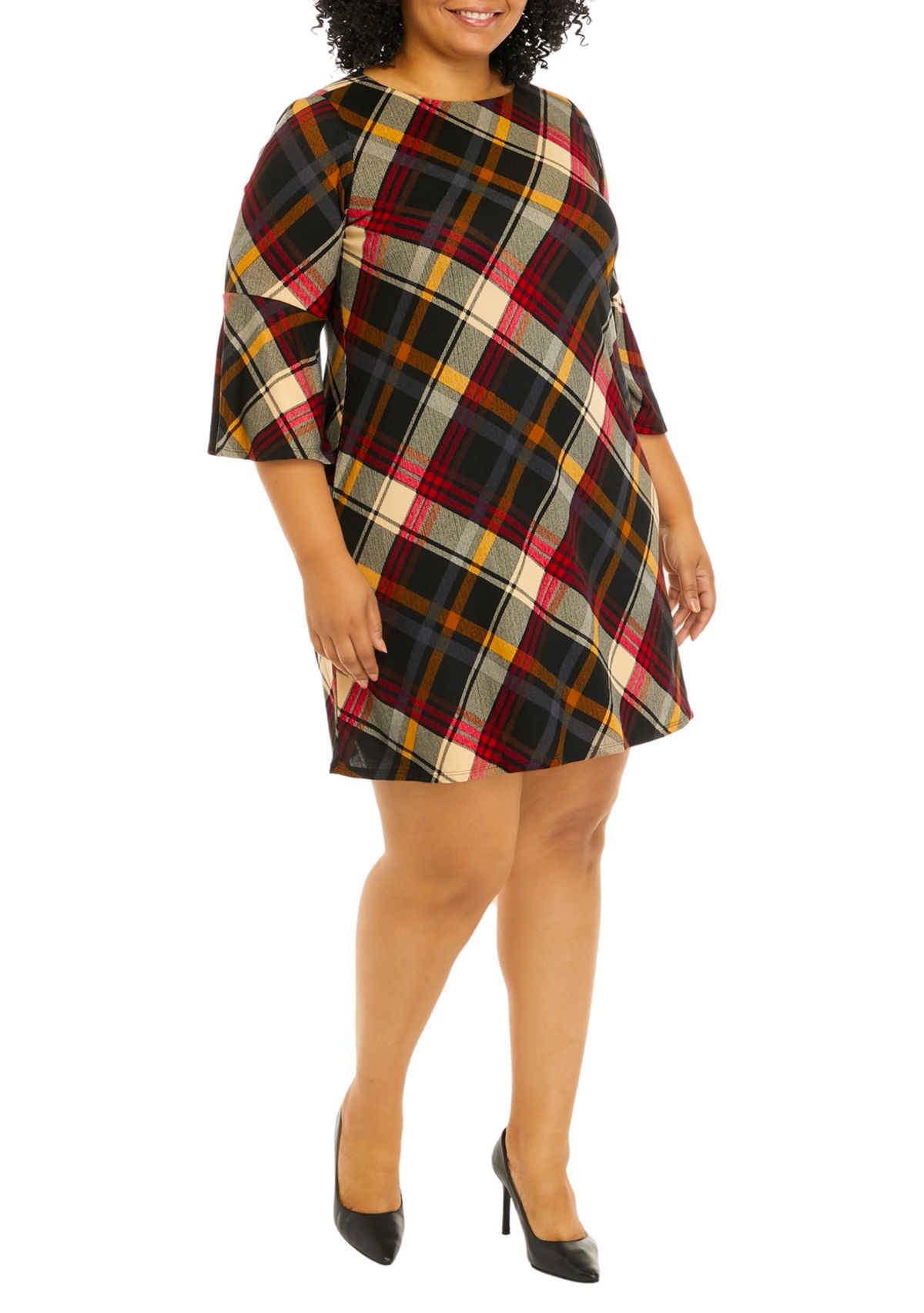 Plus Size 3/4 Bell Sleeve Plaid A-Line Dress