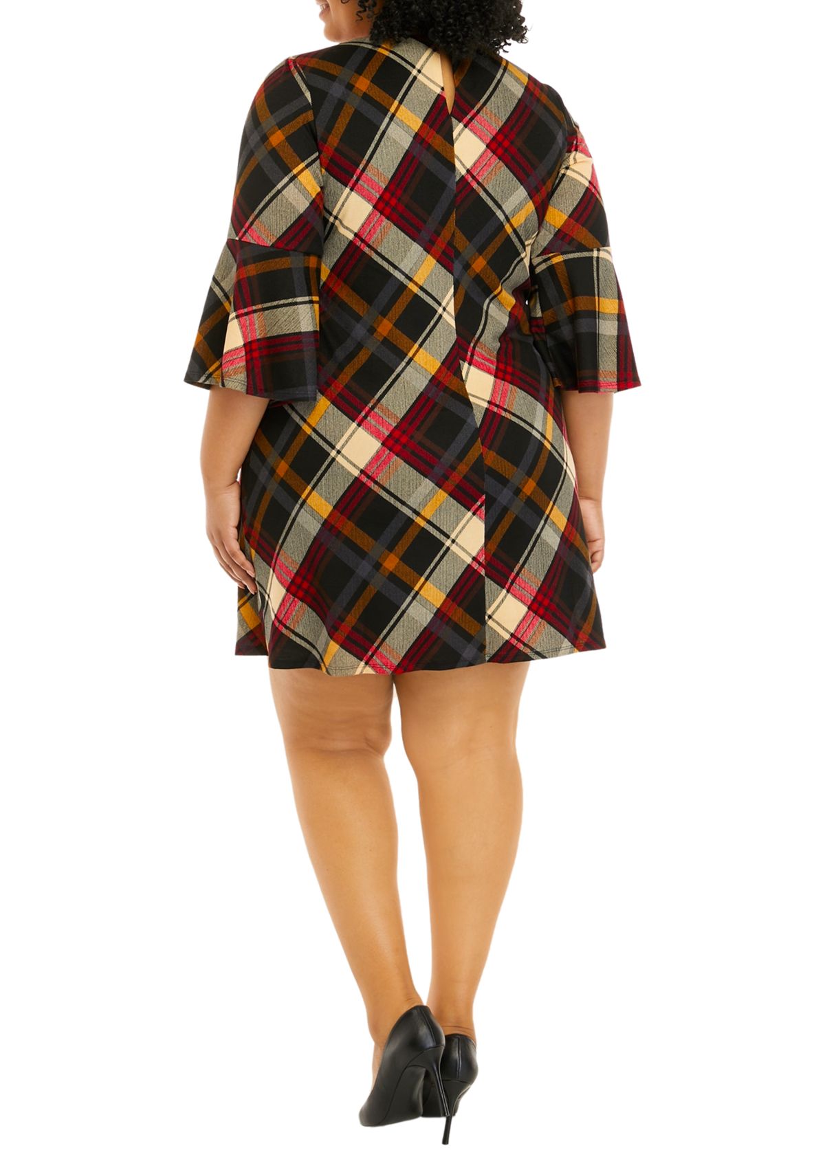 Plus Size 3/4 Bell Sleeve Plaid A-Line Dress