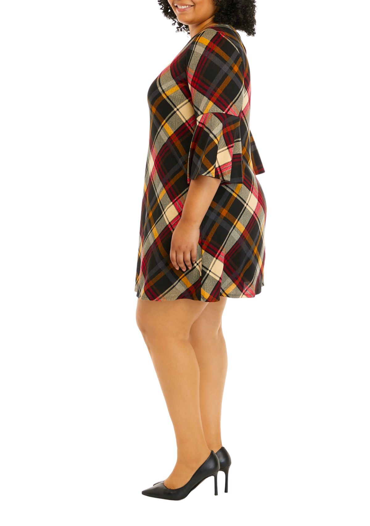 Plus Size 3/4 Bell Sleeve Plaid A-Line Dress