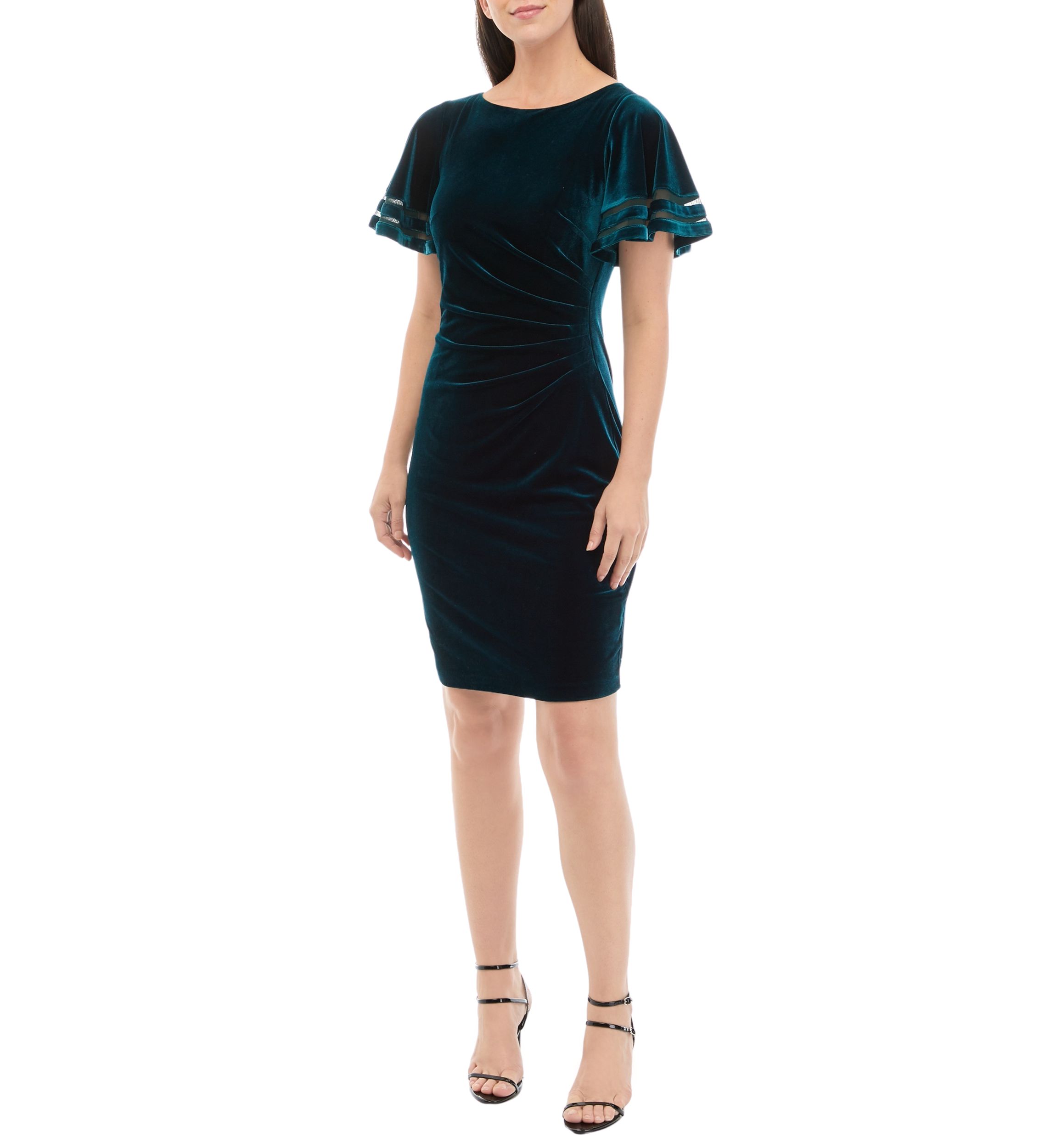 Womens Short Sleeve Solid Ruched Velvet Sheath Dress