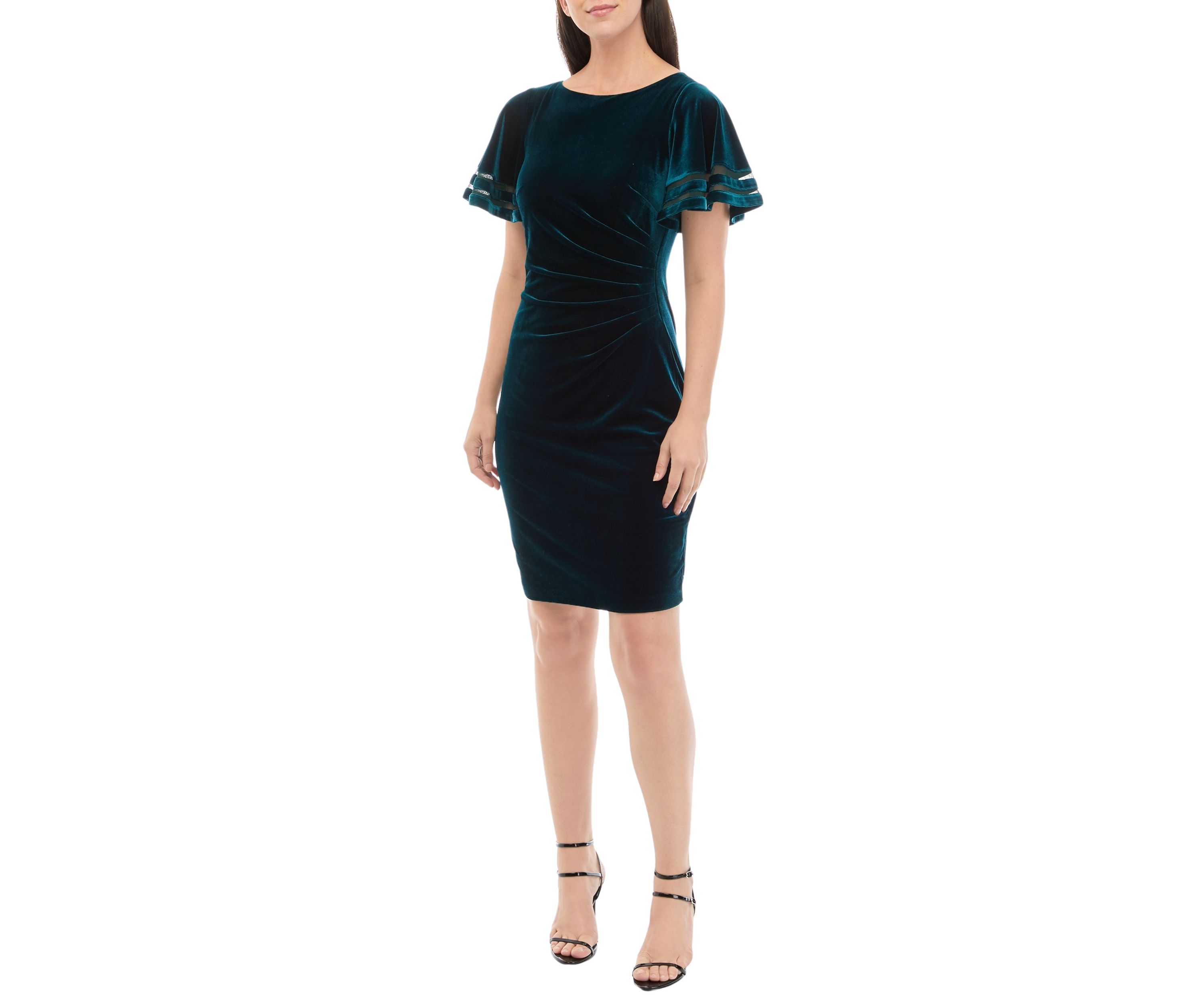 Womens Short Sleeve Solid Ruched Velvet Sheath Dress
