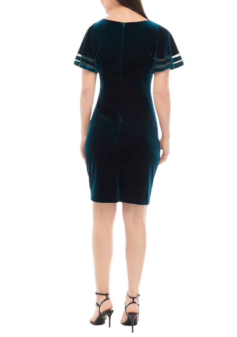 Womens Short Sleeve Solid Ruched Velvet Sheath Dress
