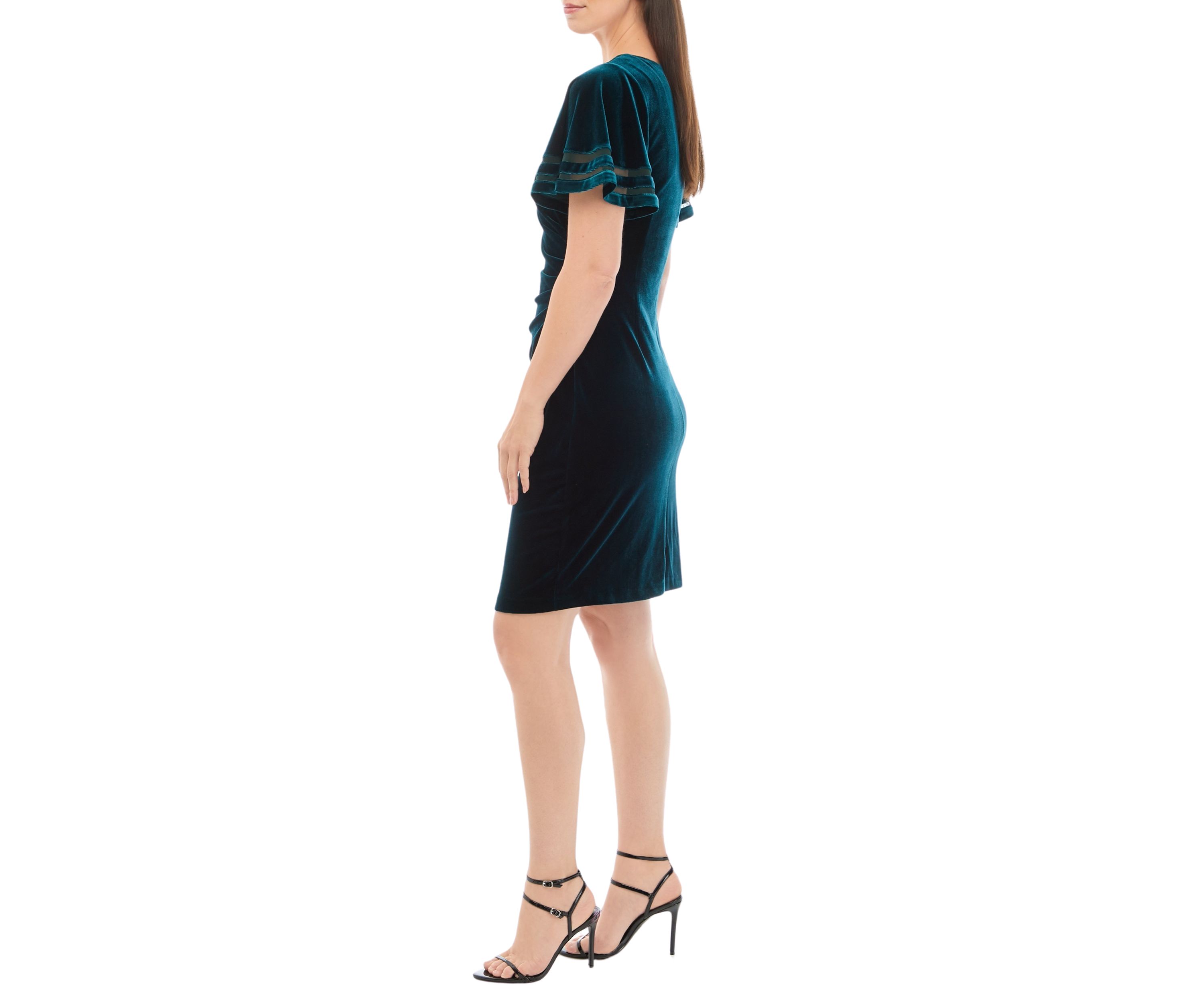 Womens Short Sleeve Solid Ruched Velvet Sheath Dress