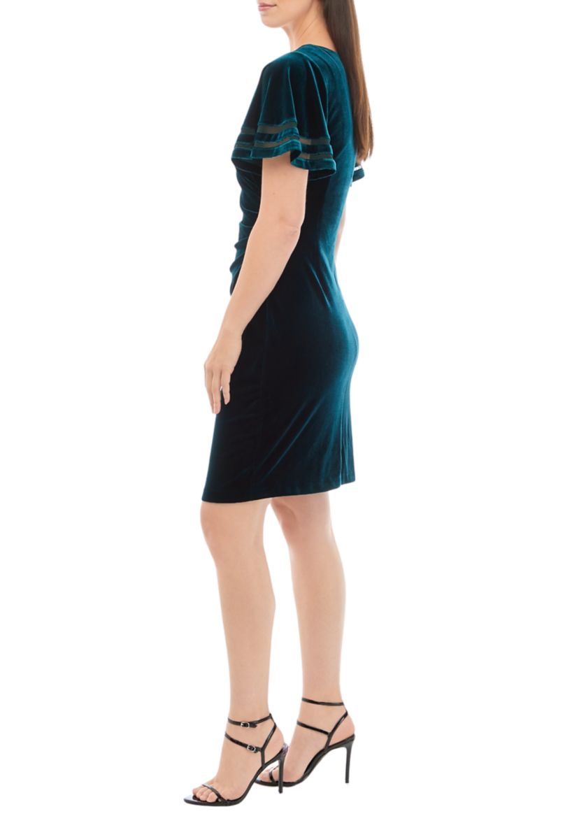 Womens Short Sleeve Solid Ruched Velvet Sheath Dress