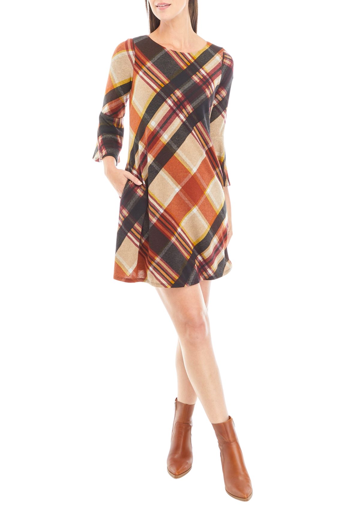 Womens 3/4 Bell Sleeve Plaid A-Line Dress