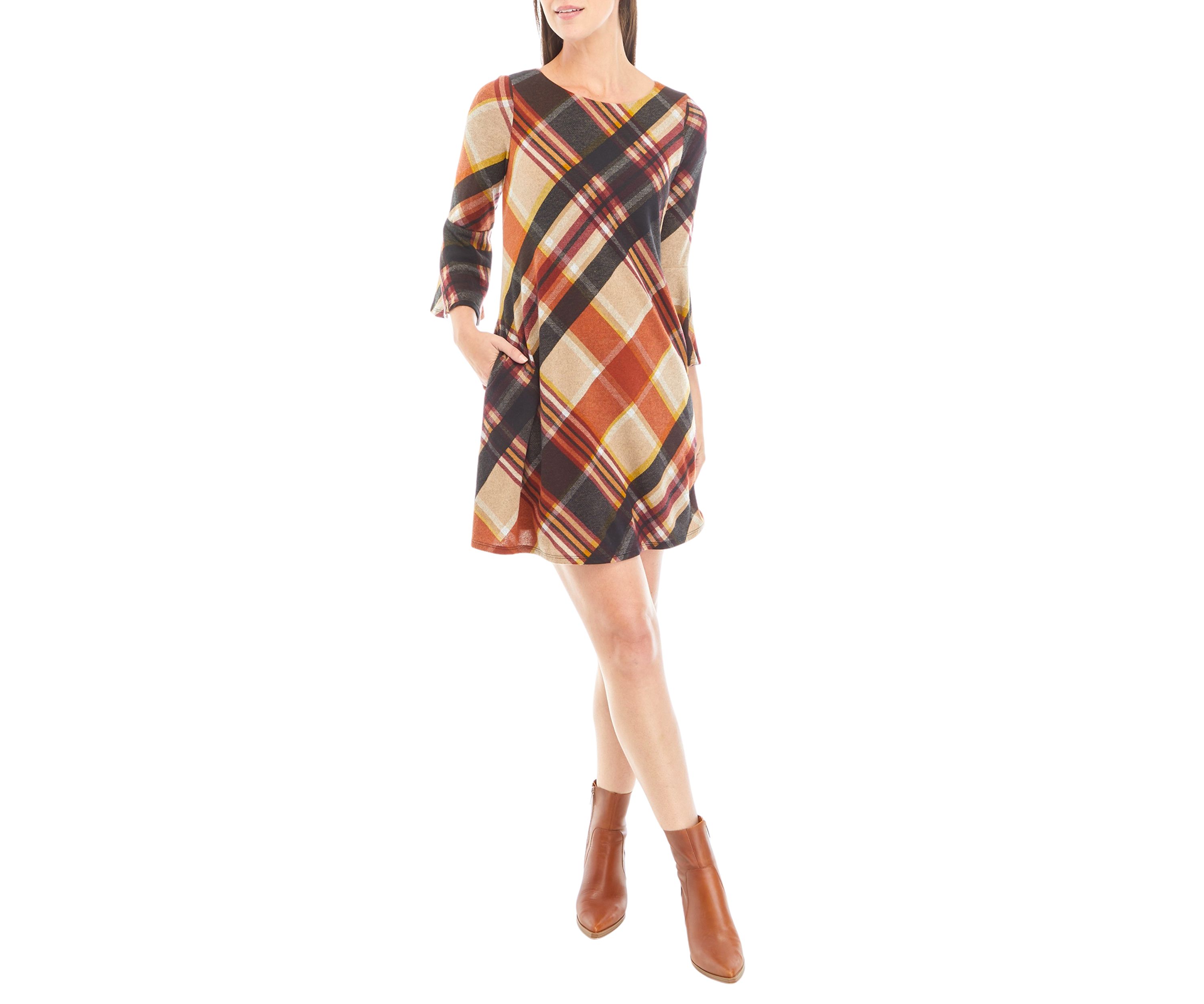Womens 3/4 Bell Sleeve Plaid A-Line Dress