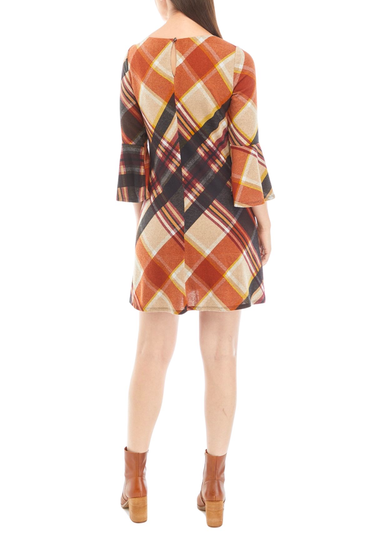 Womens 3/4 Bell Sleeve Plaid A-Line Dress