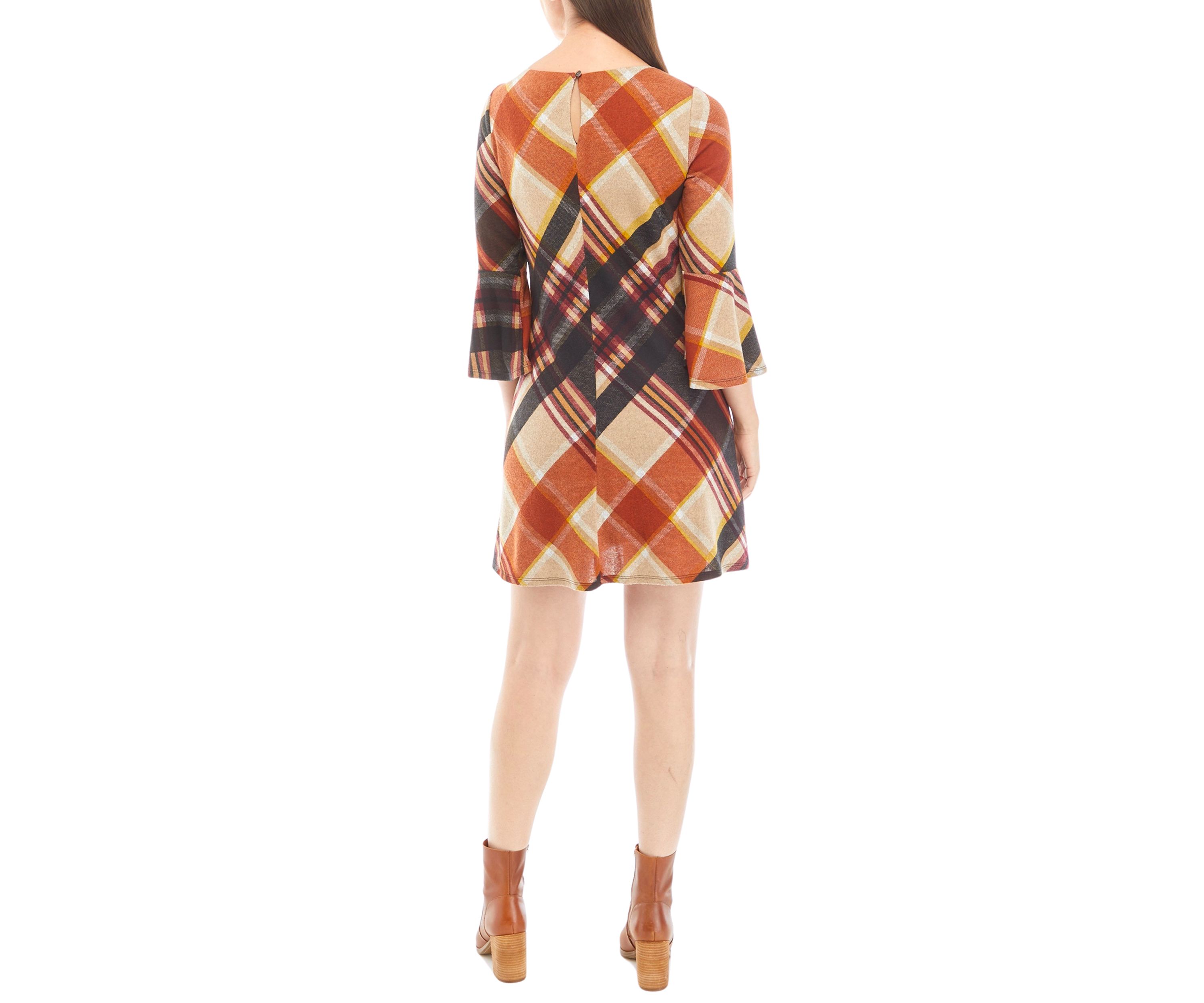 Womens 3/4 Bell Sleeve Plaid A-Line Dress