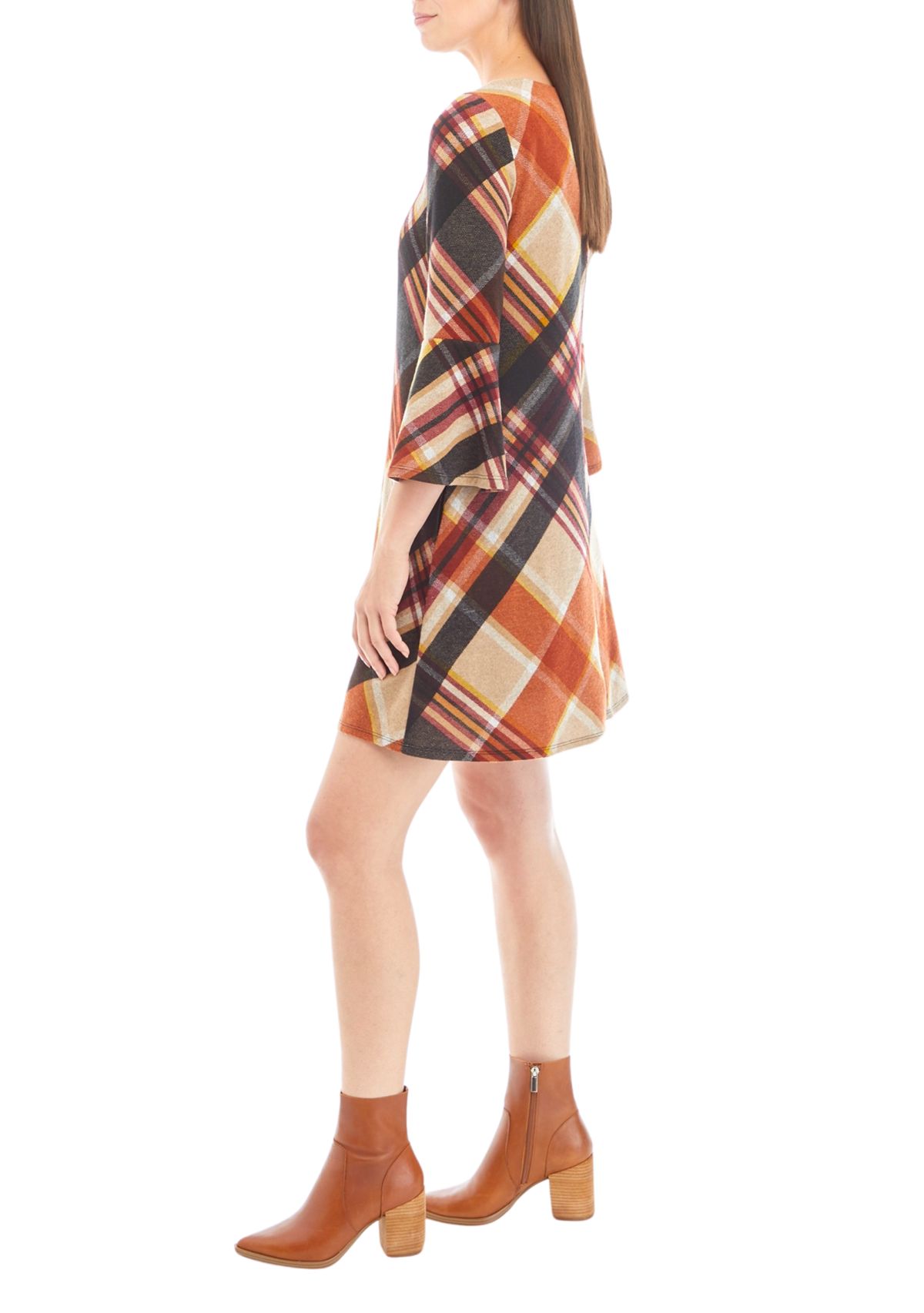 Womens 3/4 Bell Sleeve Plaid A-Line Dress