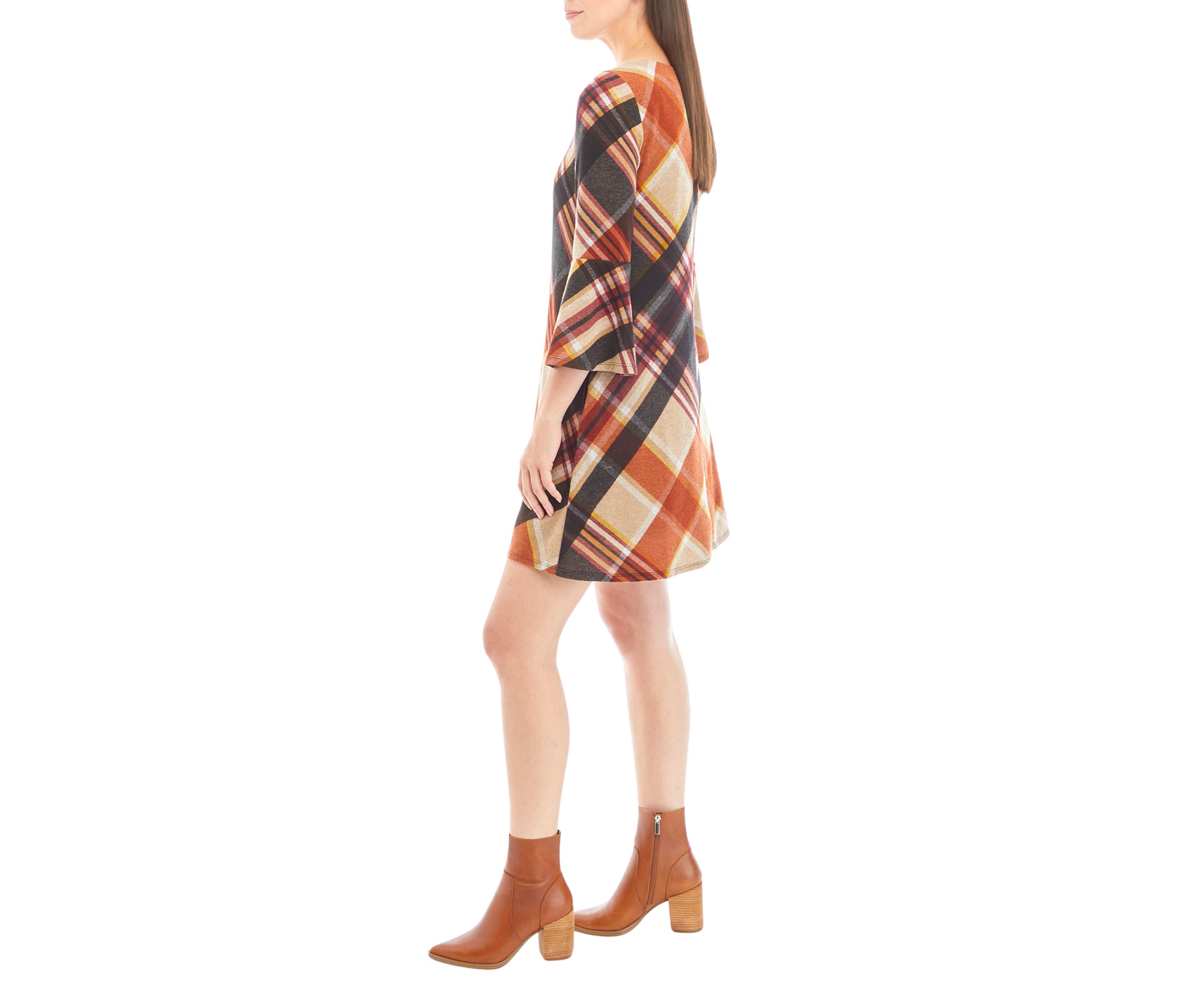Womens 3/4 Bell Sleeve Plaid A-Line Dress