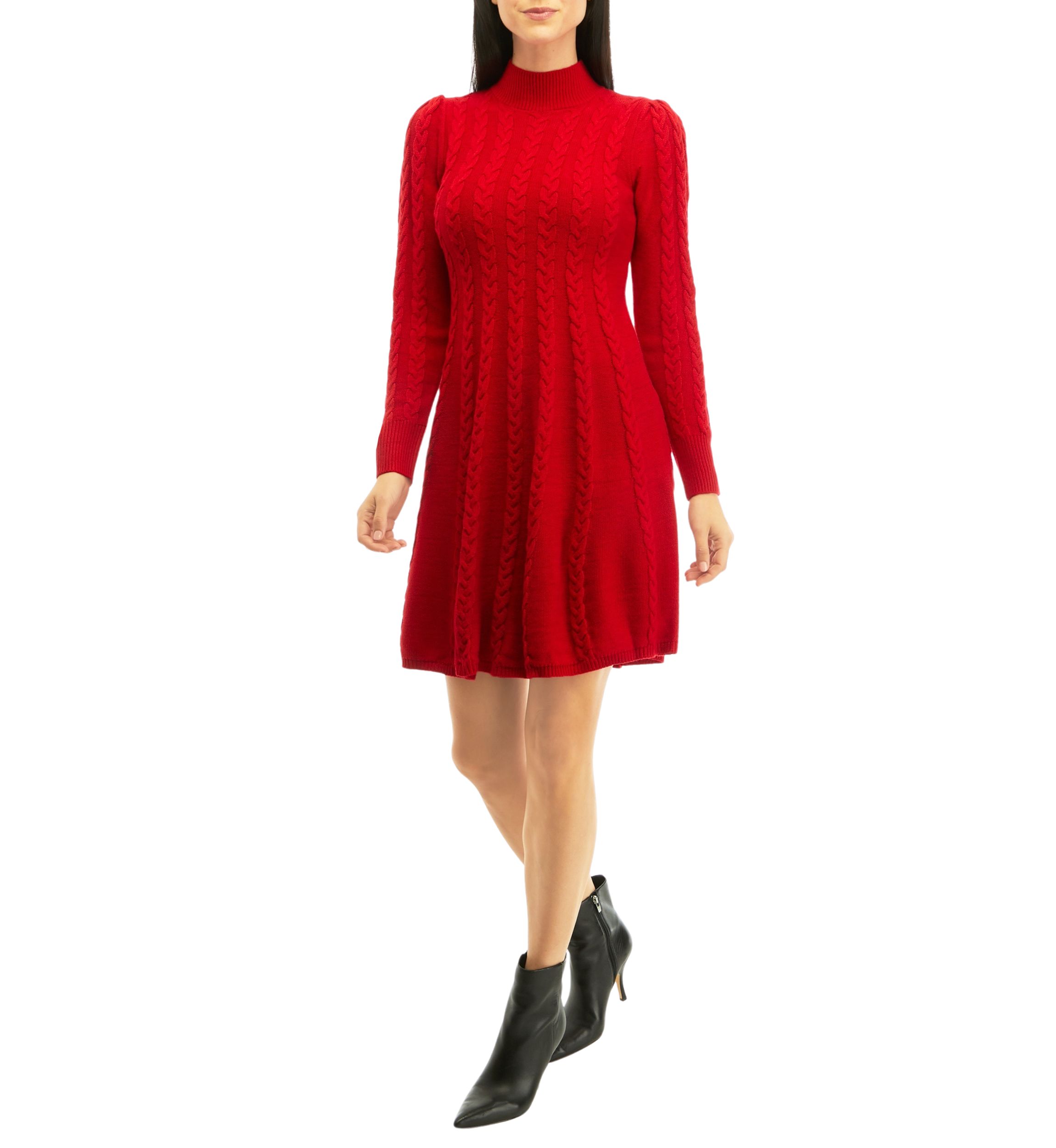 Womens Long Sleeve Solid Mock Neck Cable Knit Sweater Dress