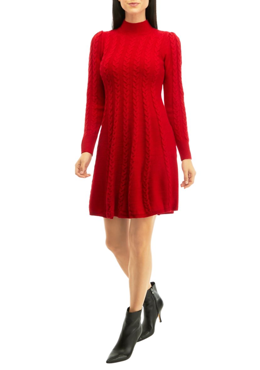 Womens Long Sleeve Solid Mock Neck Cable Knit Sweater Dress