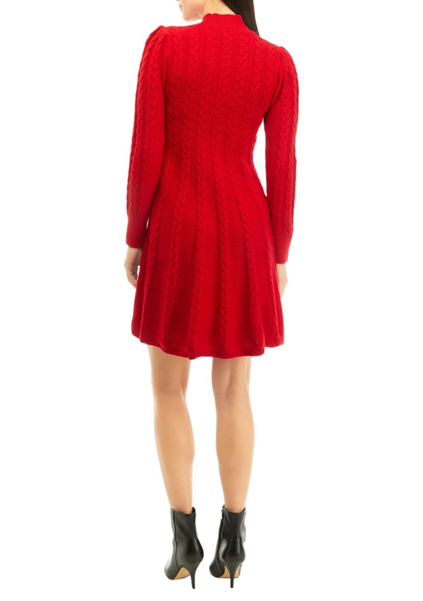 Womens Long Sleeve Solid Mock Neck Cable Knit Sweater Dress