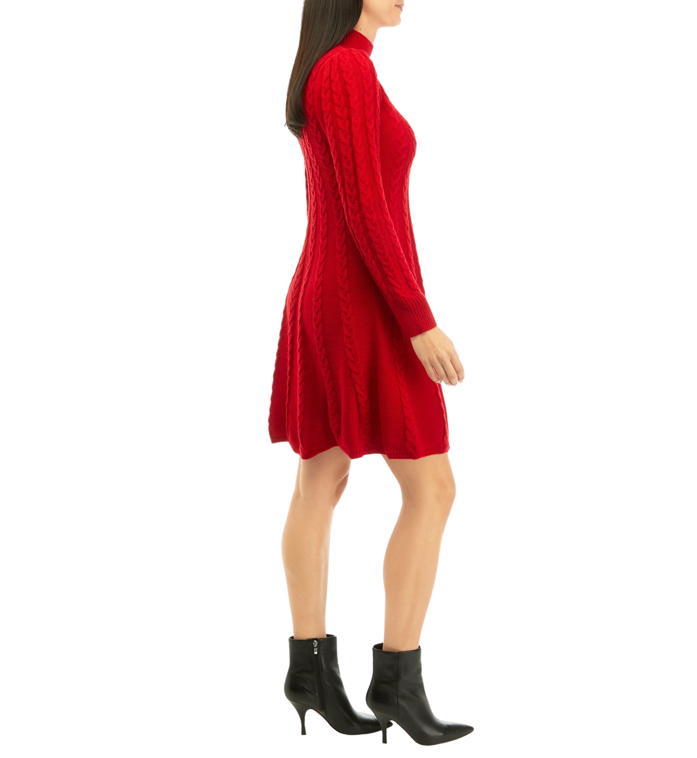 Womens Long Sleeve Solid Mock Neck Cable Knit Sweater Dress