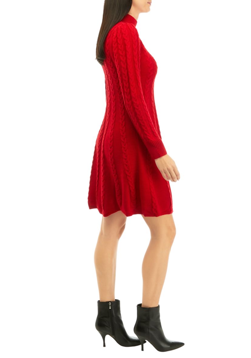Womens Long Sleeve Solid Mock Neck Cable Knit Sweater Dress