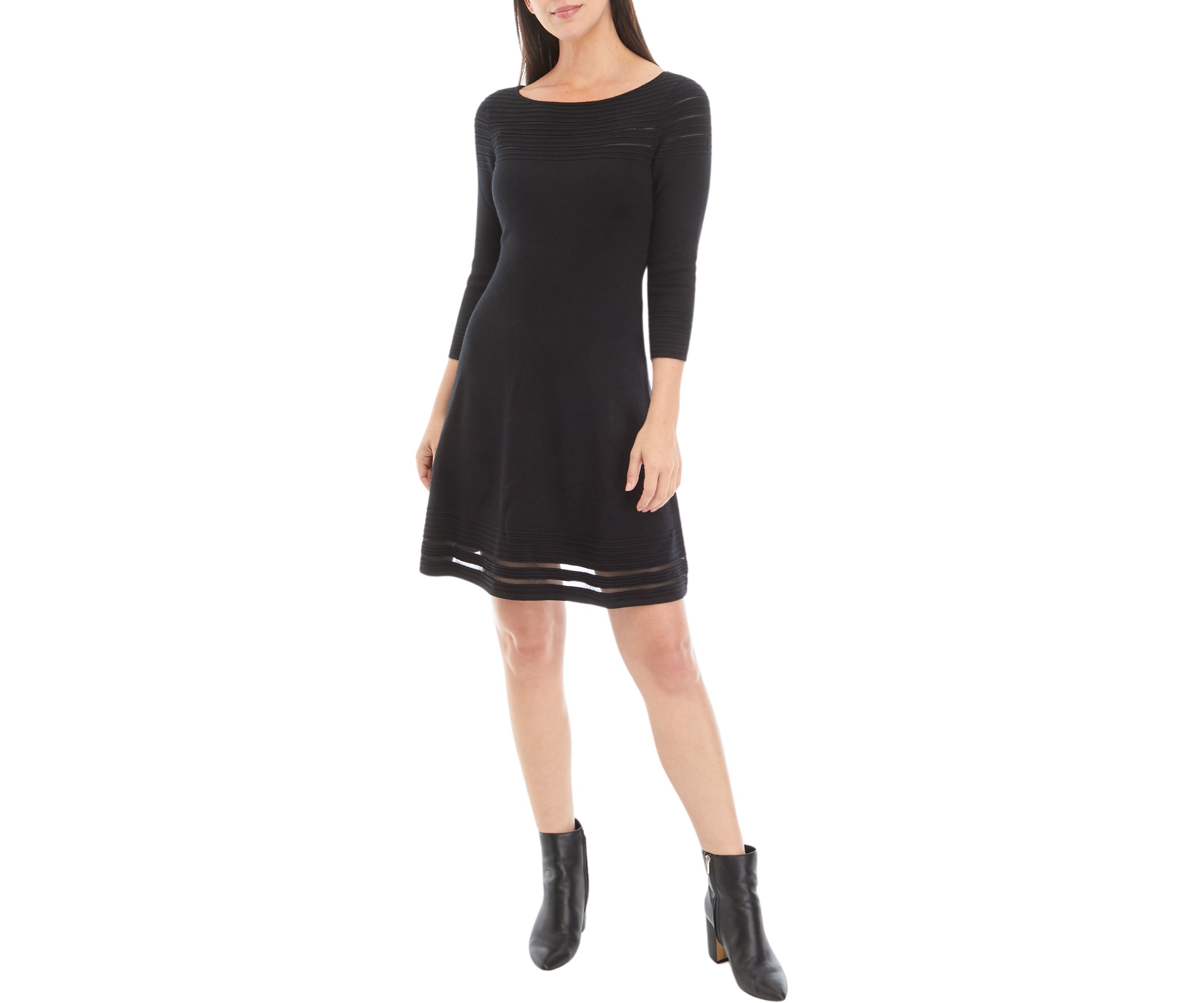 Womens 3/4 Sleeve Solid Illusion Border Sweater Dress