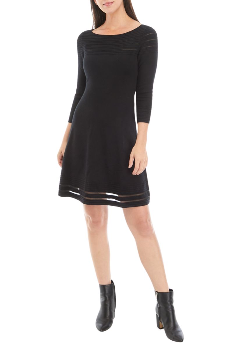 Womens 3/4 Sleeve Solid Illusion Border Sweater Dress