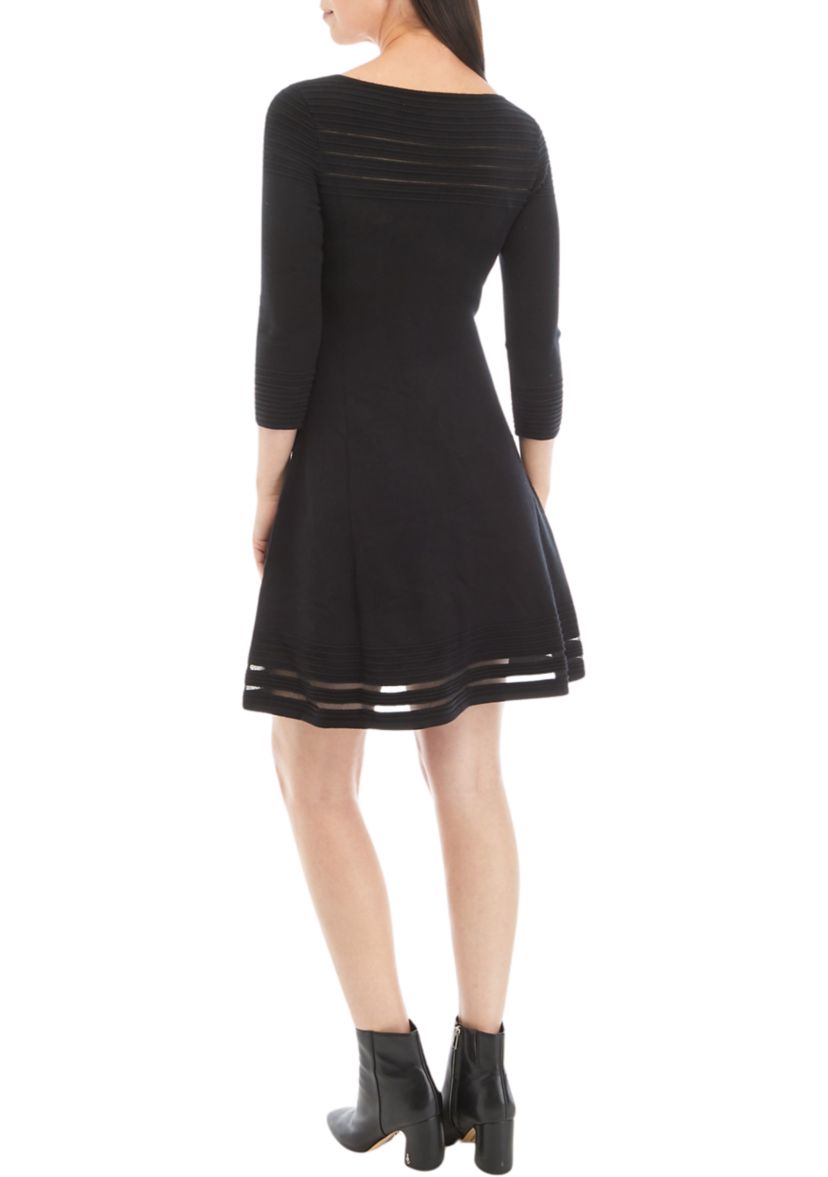 Womens 3/4 Sleeve Solid Illusion Border Sweater Dress