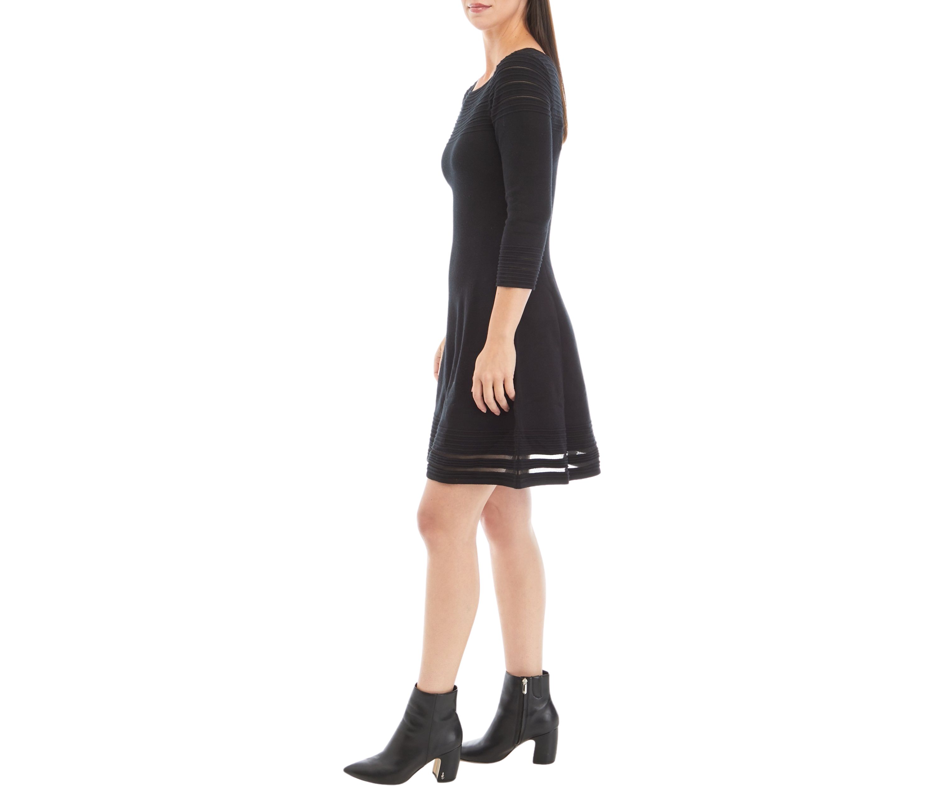 Womens 3/4 Sleeve Solid Illusion Border Sweater Dress