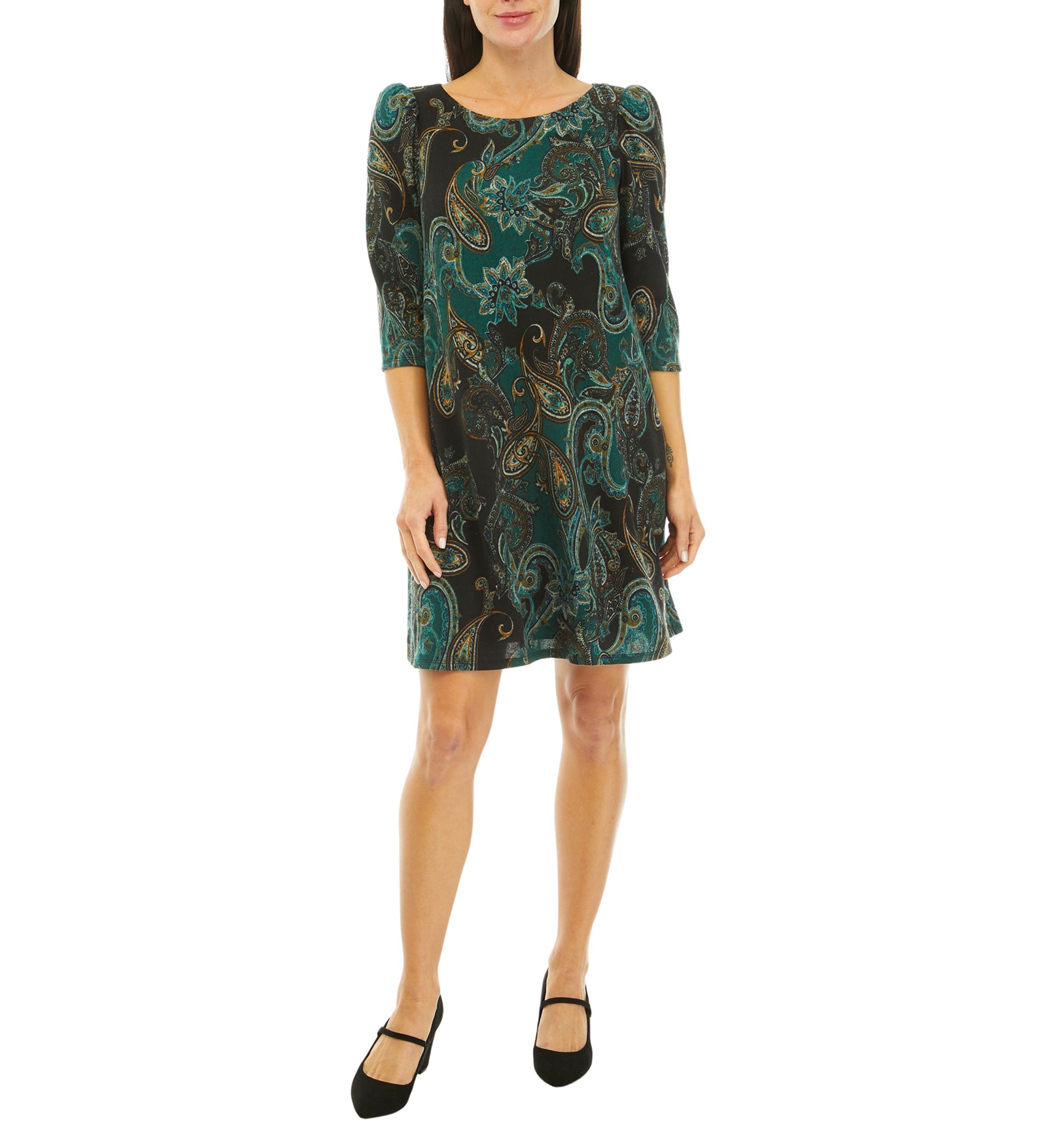 Womens 3/4 Puff Sleeve Paisley A-Line Dress