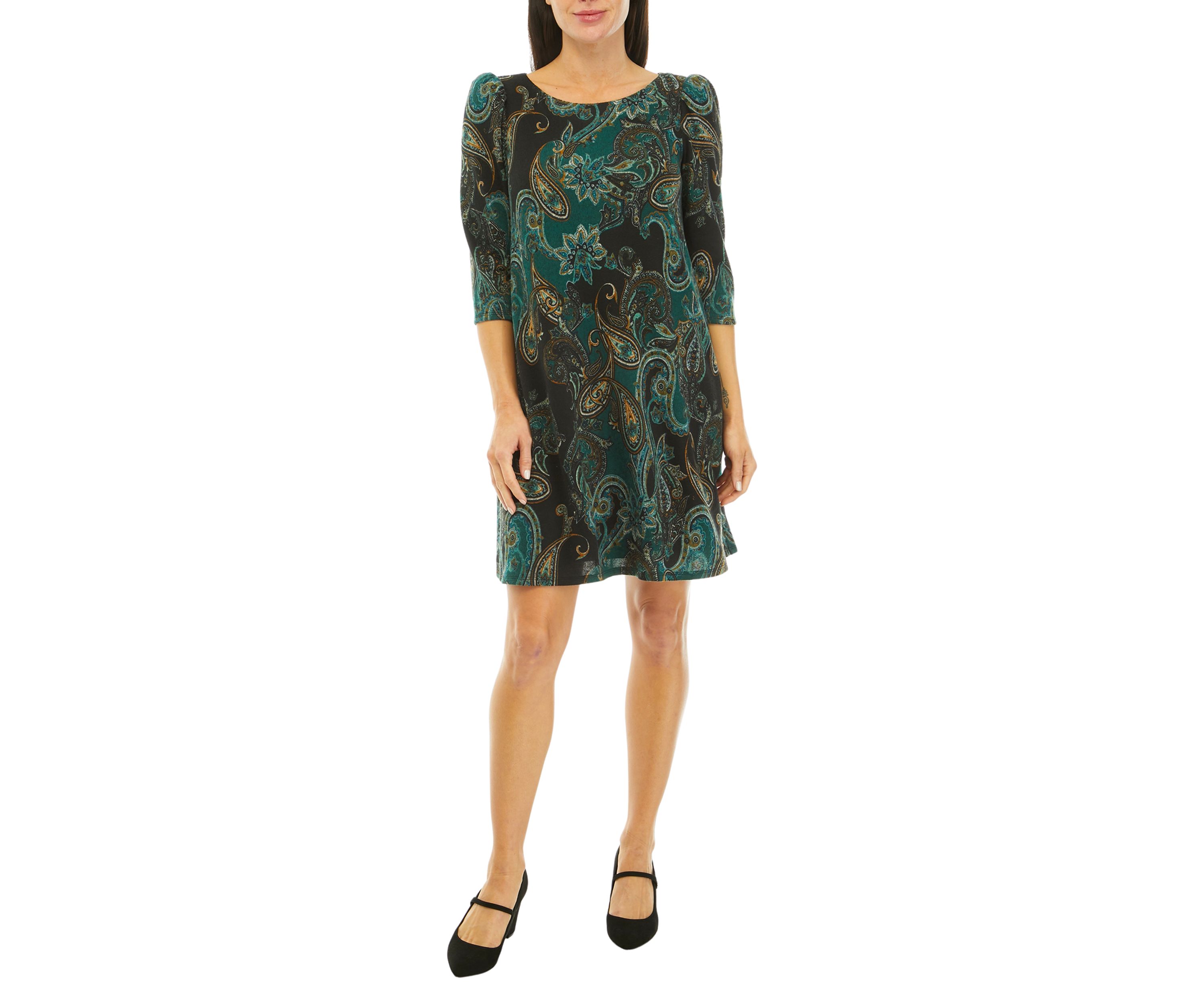 Womens 3/4 Puff Sleeve Paisley A-Line Dress