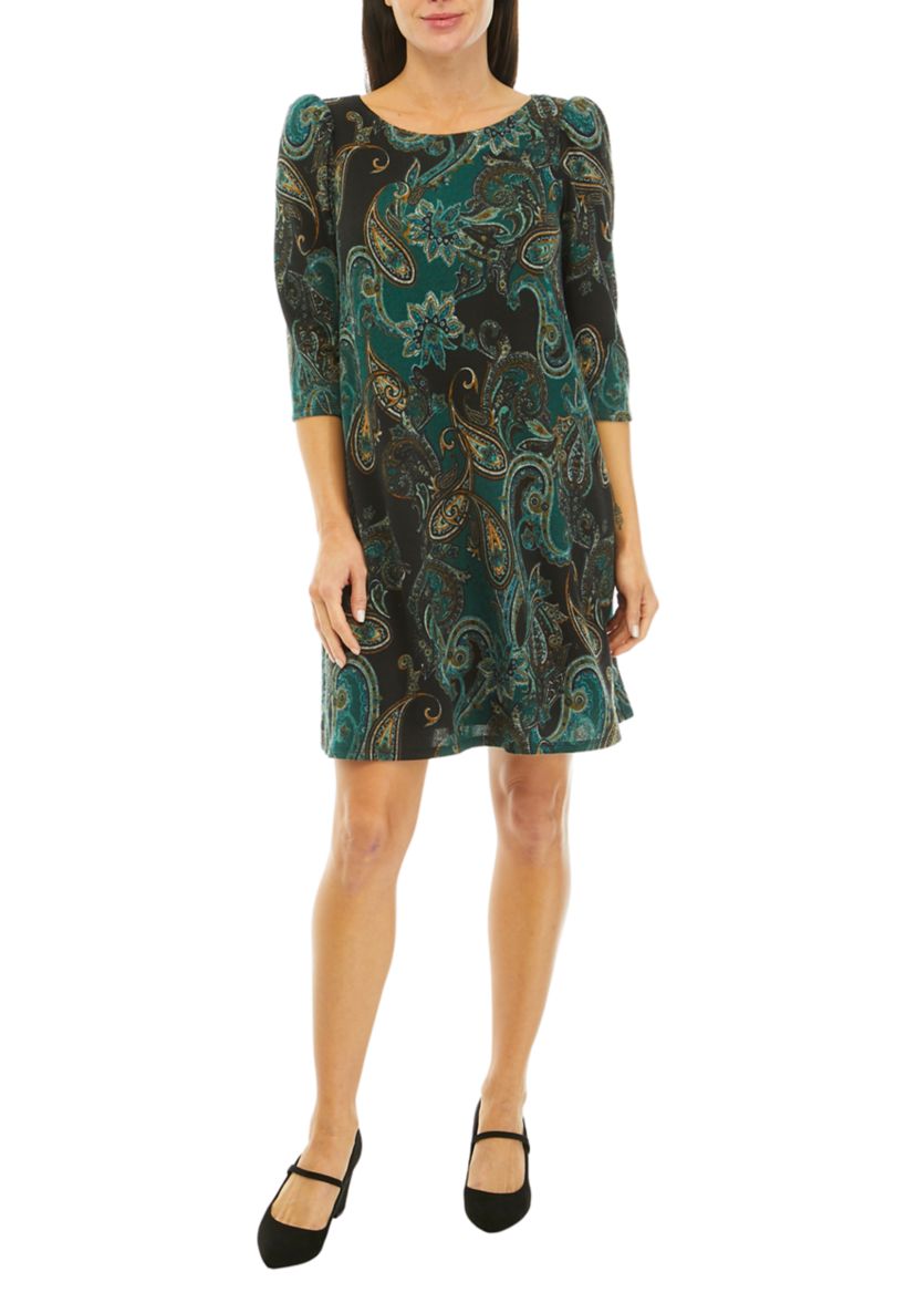 Womens 3/4 Puff Sleeve Paisley A-Line Dress