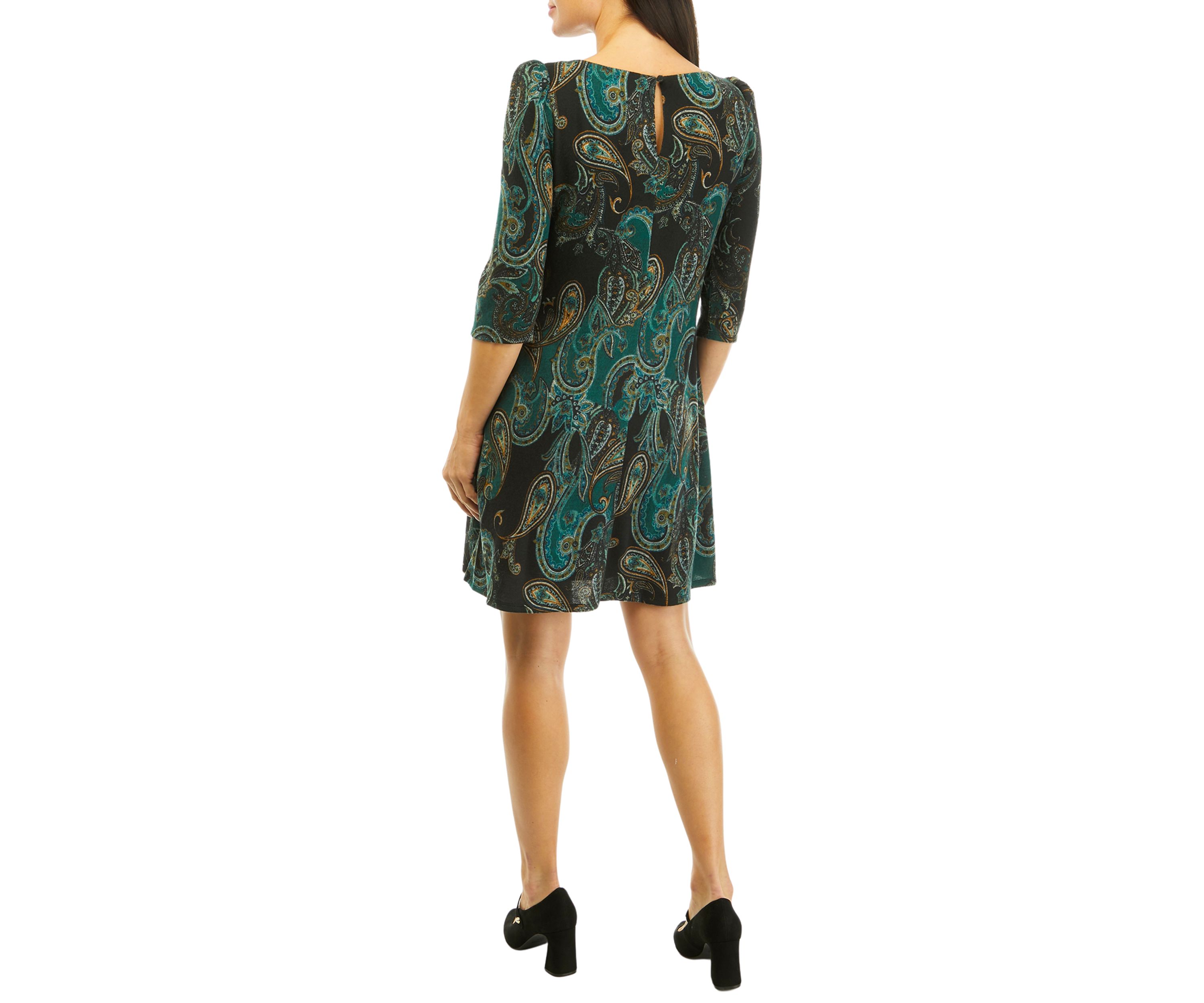 Womens 3/4 Puff Sleeve Paisley A-Line Dress