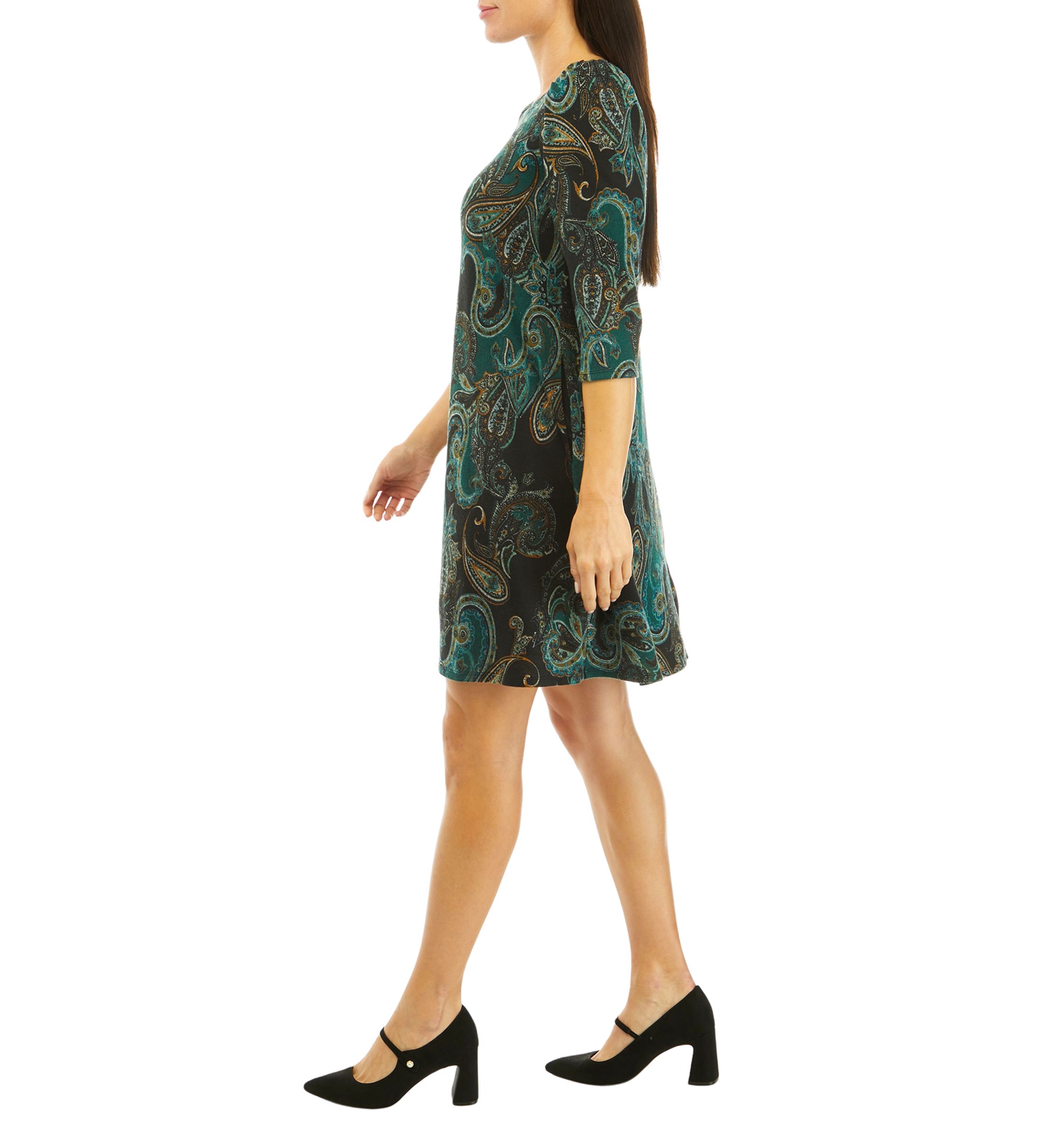 Womens 3/4 Puff Sleeve Paisley A-Line Dress