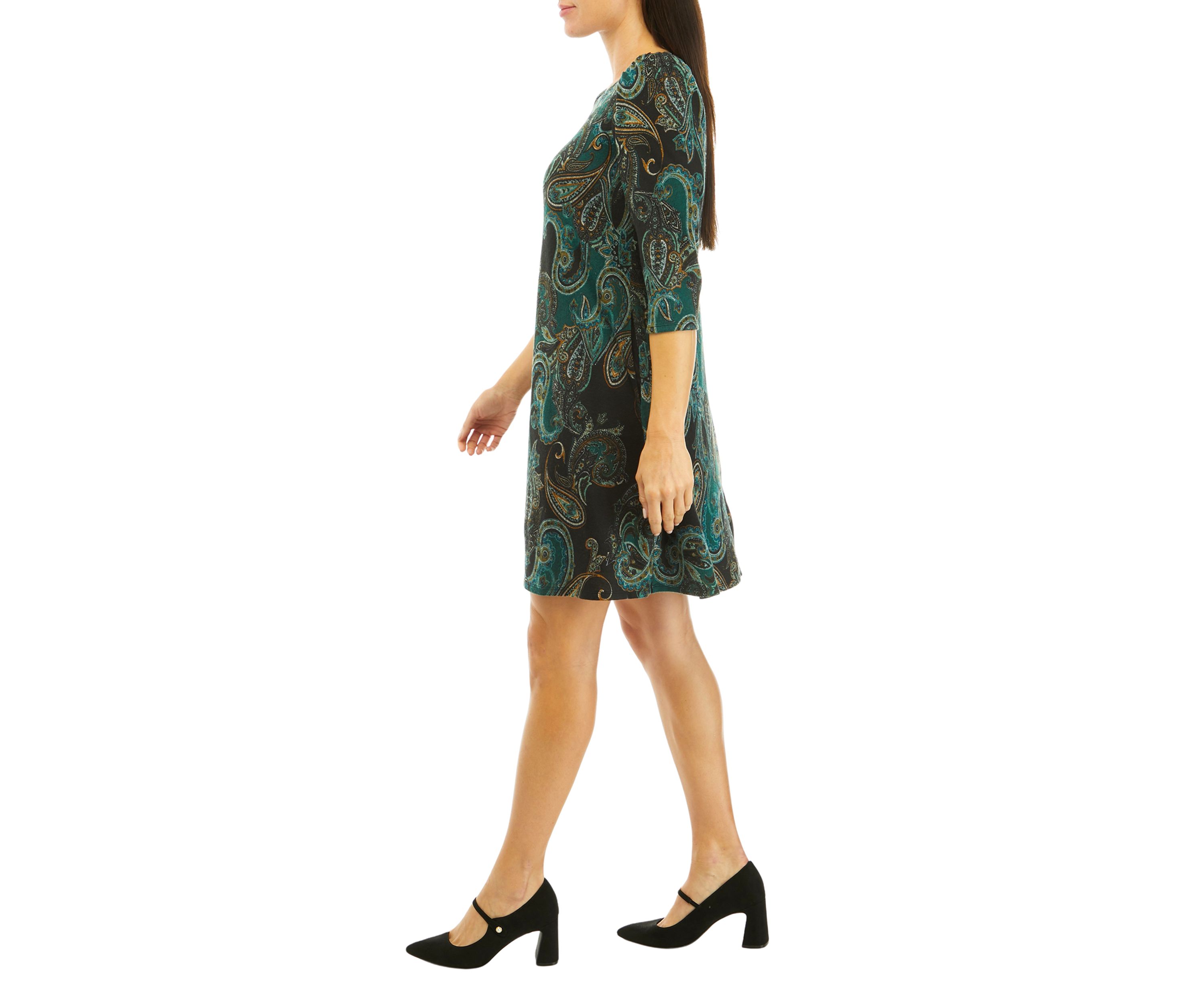 Womens 3/4 Puff Sleeve Paisley A-Line Dress