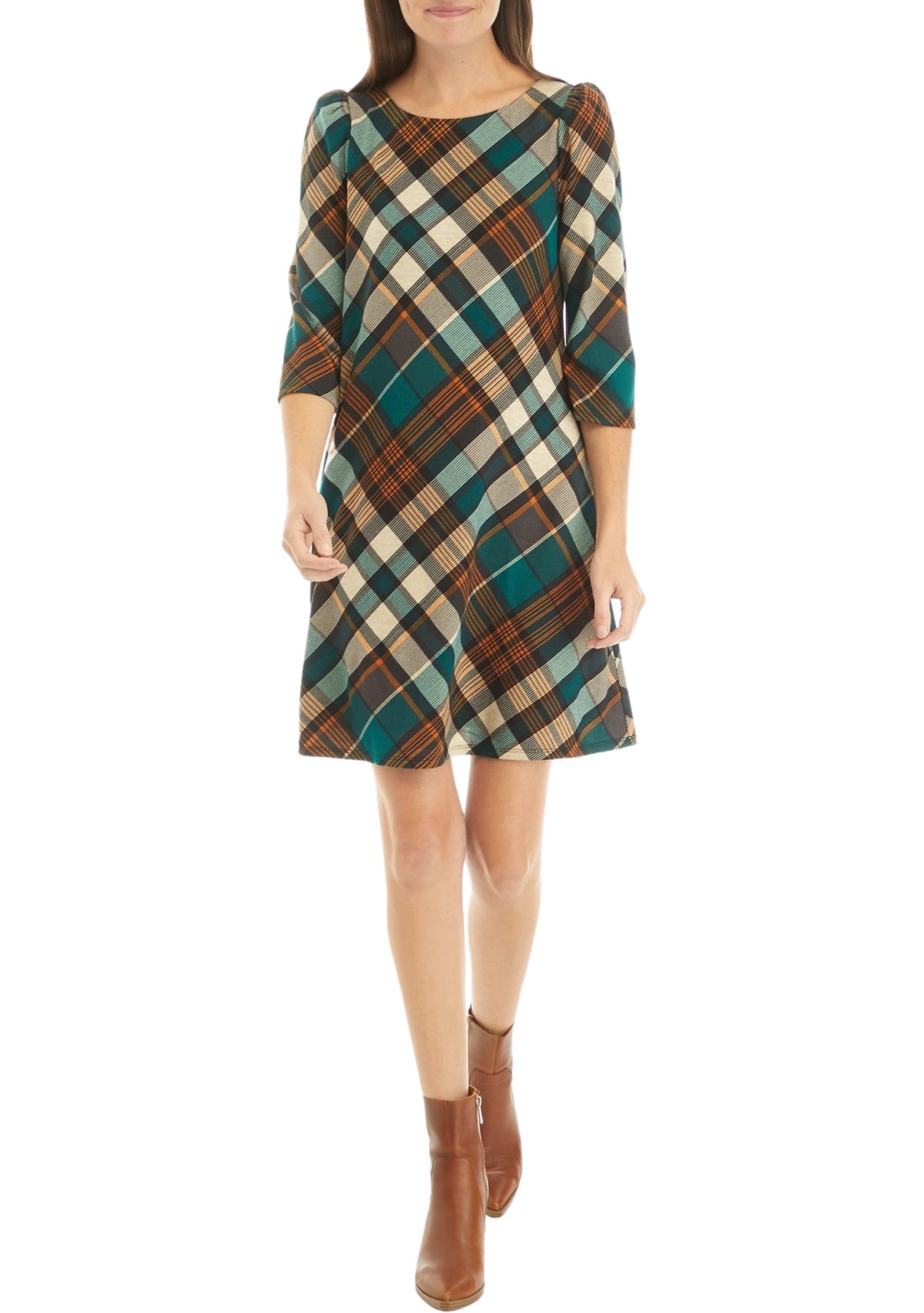 Womens 3/4 Puff Sleeve Plaid A-Line Dress