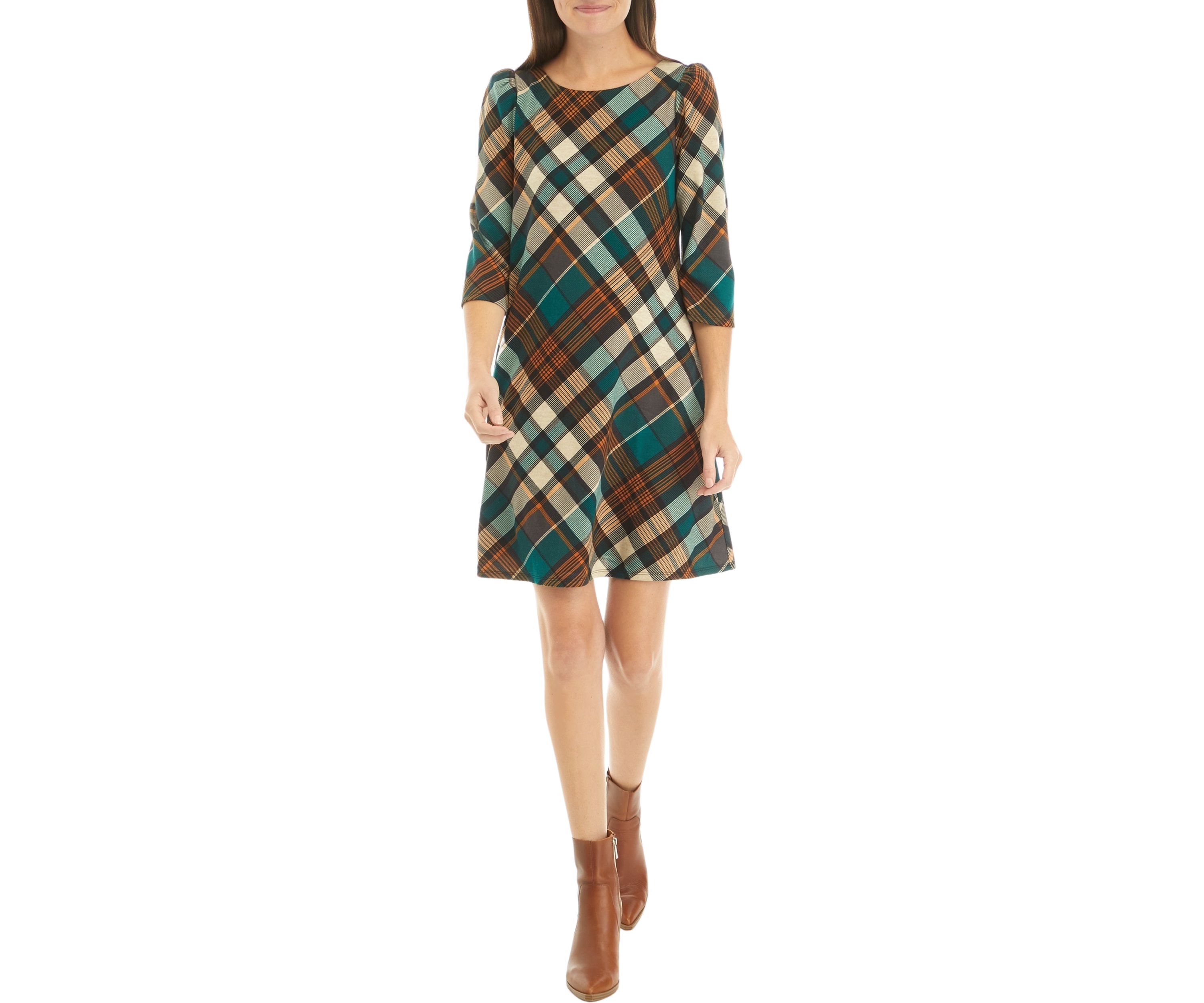 Womens 3/4 Puff Sleeve Plaid A-Line Dress