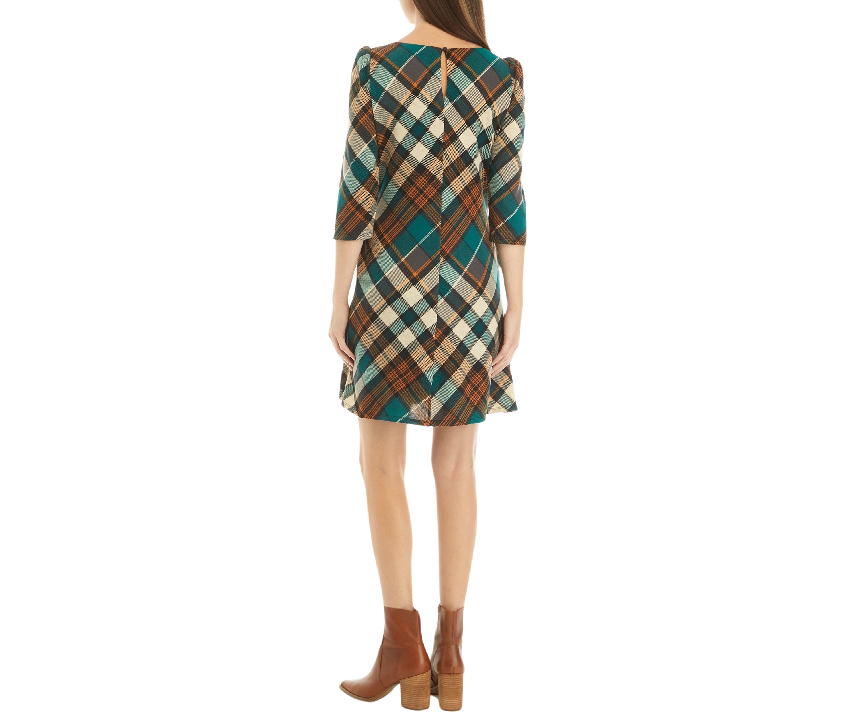 Womens 3/4 Puff Sleeve Plaid A-Line Dress