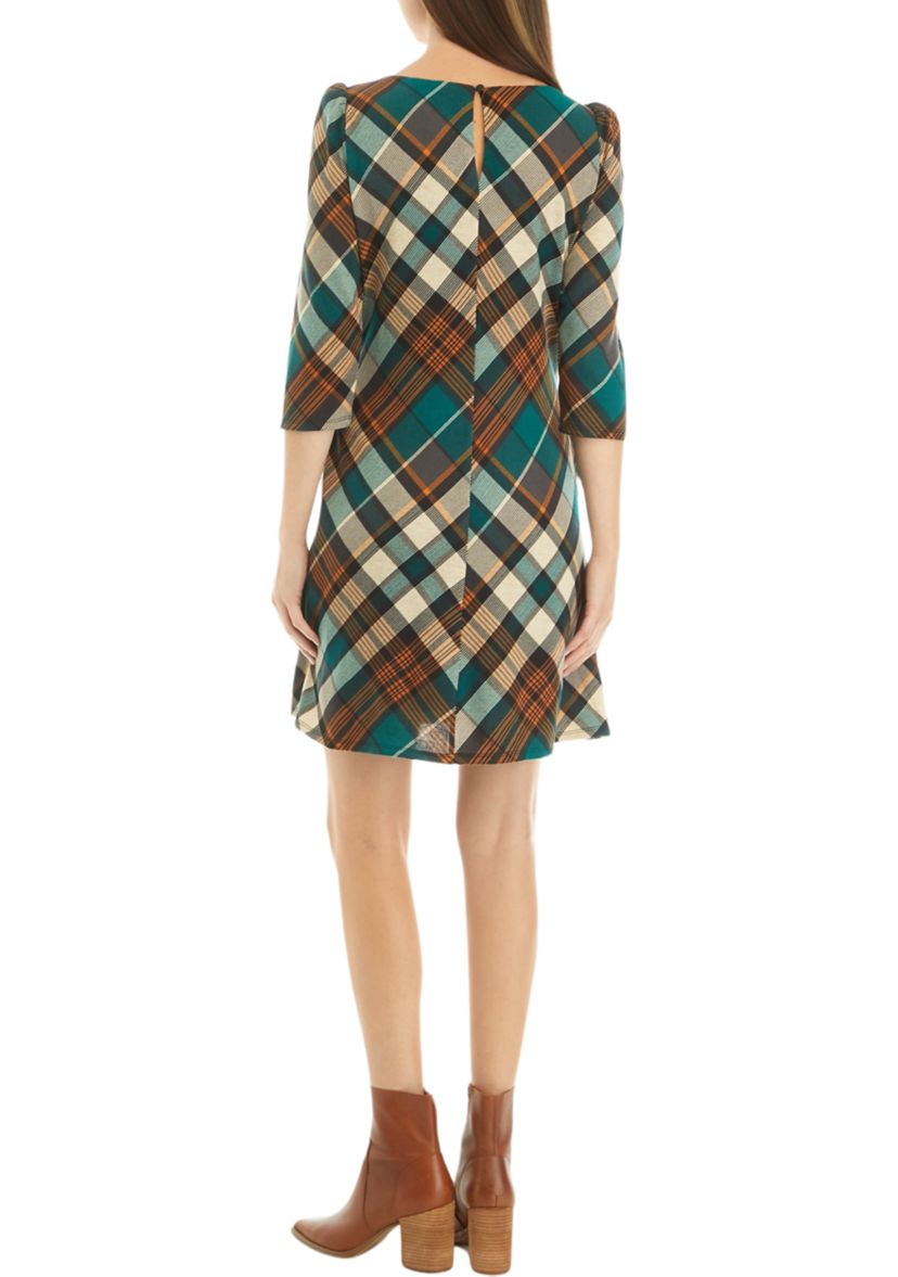Womens 3/4 Puff Sleeve Plaid A-Line Dress