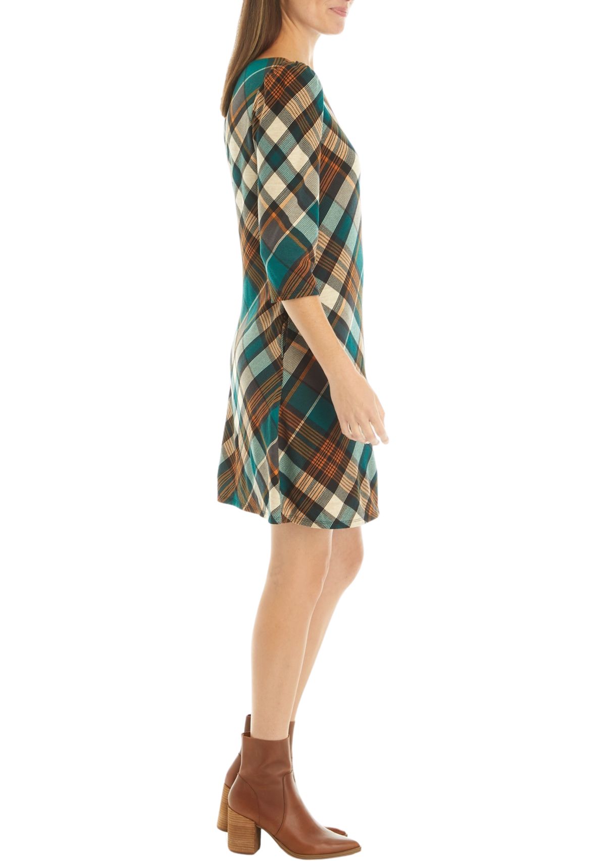 Womens 3/4 Puff Sleeve Plaid A-Line Dress