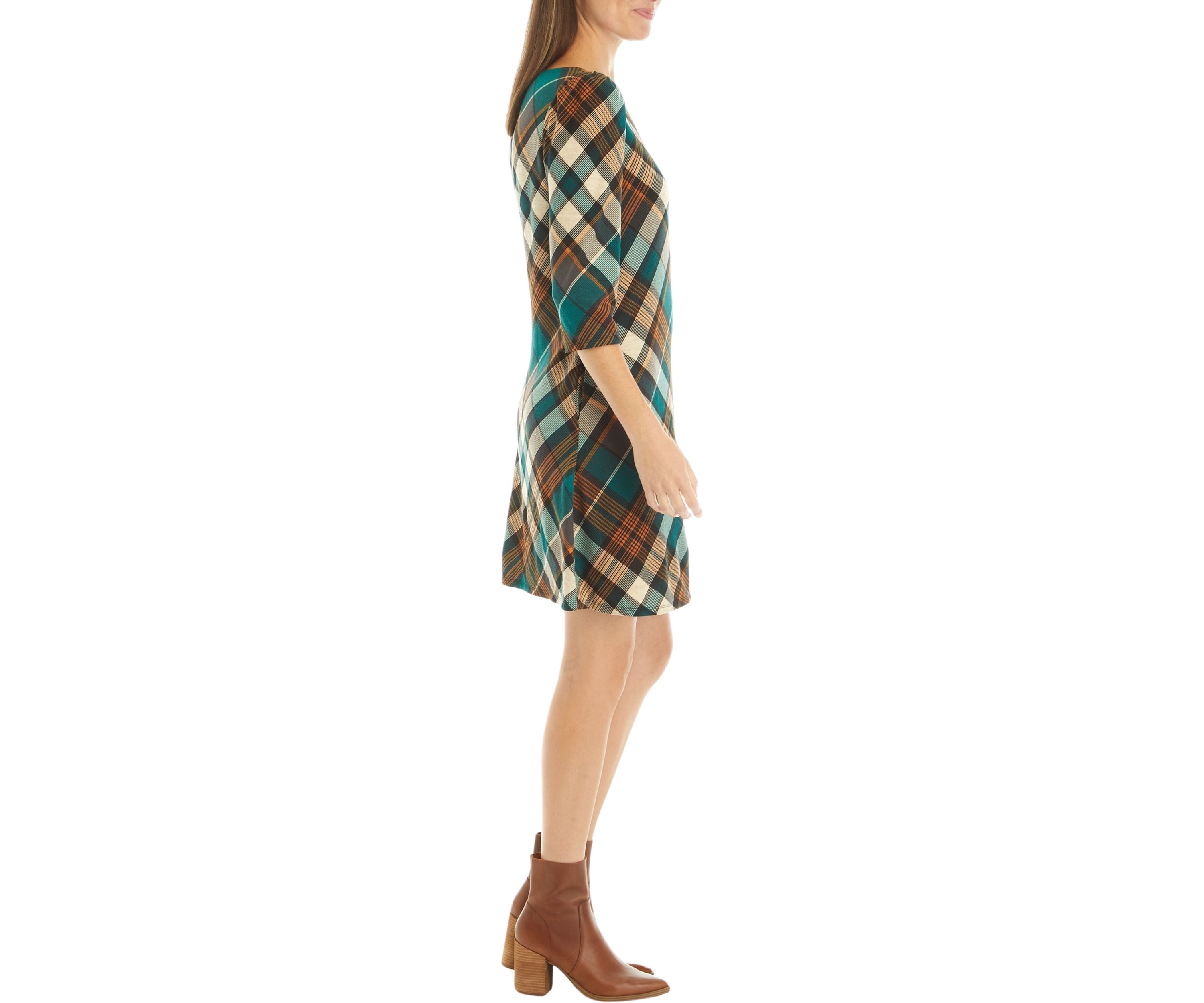 Womens 3/4 Puff Sleeve Plaid A-Line Dress
