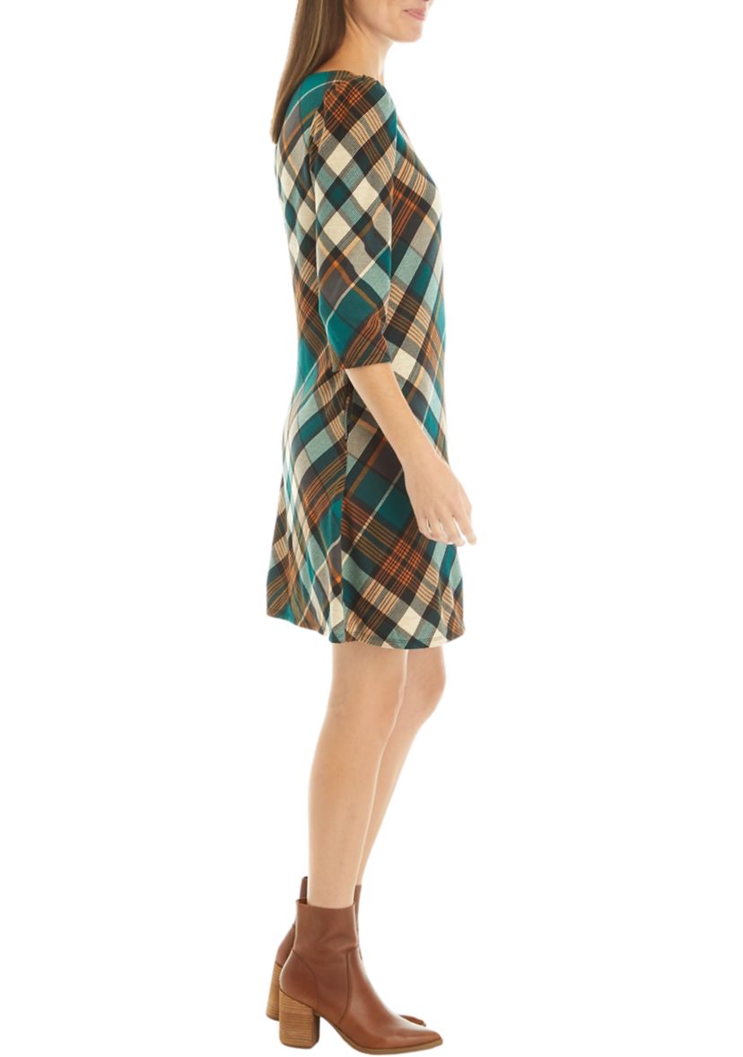Womens 3/4 Puff Sleeve Plaid A-Line Dress