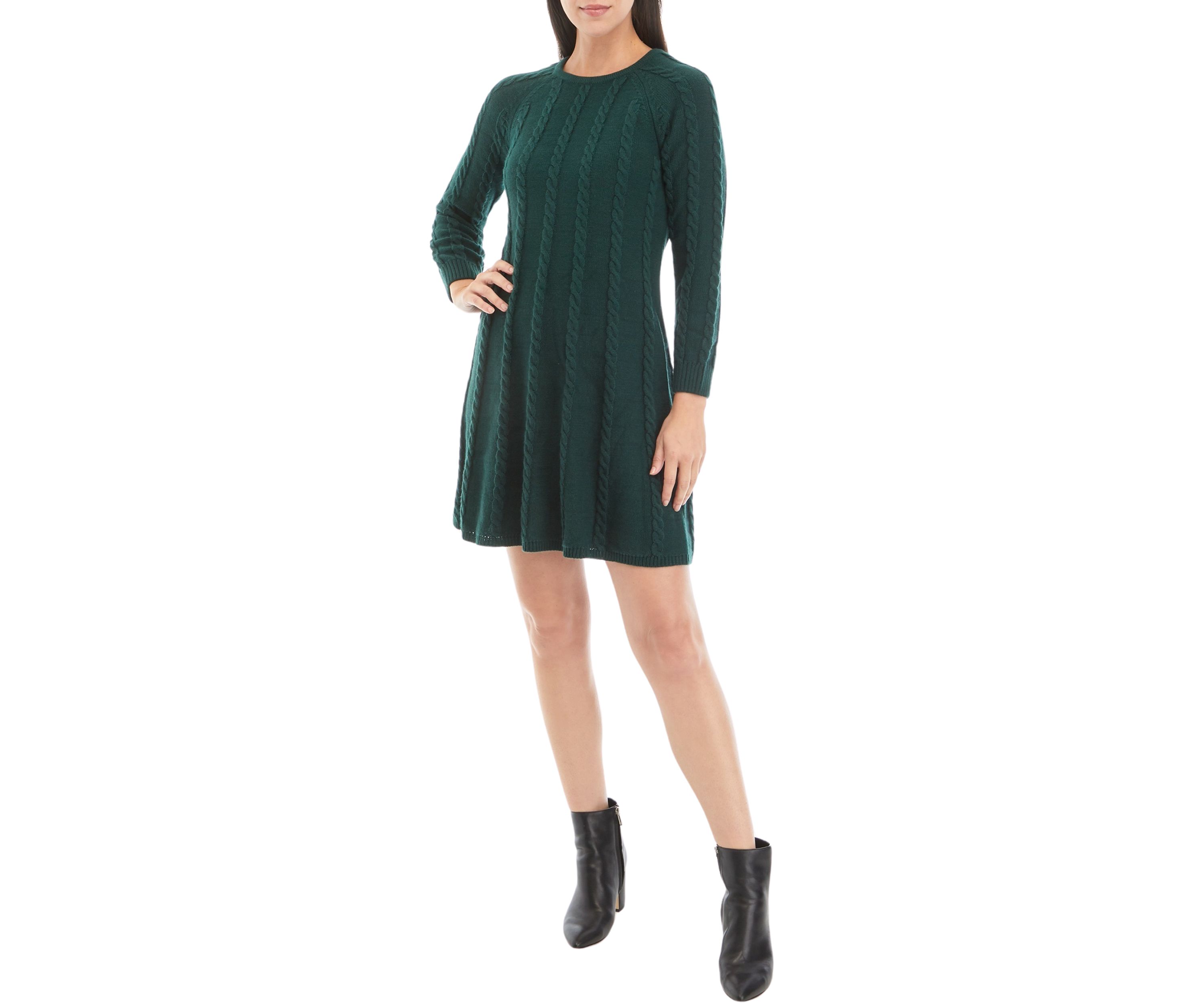 Womens Long Sleeve A-Line Cable Knit Sweater Dress