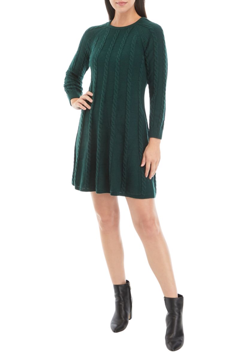 Womens Long Sleeve A-Line Cable Knit Sweater Dress