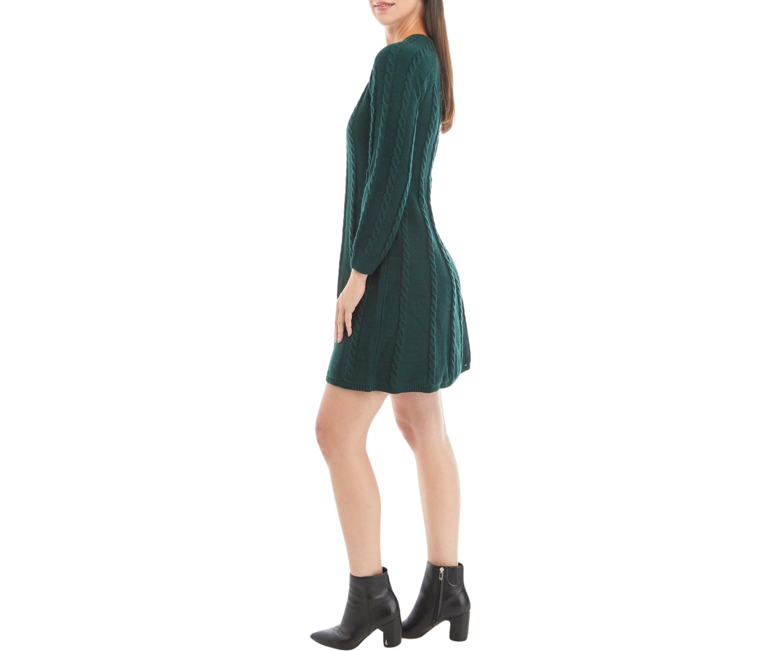 Womens Long Sleeve A-Line Cable Knit Sweater Dress