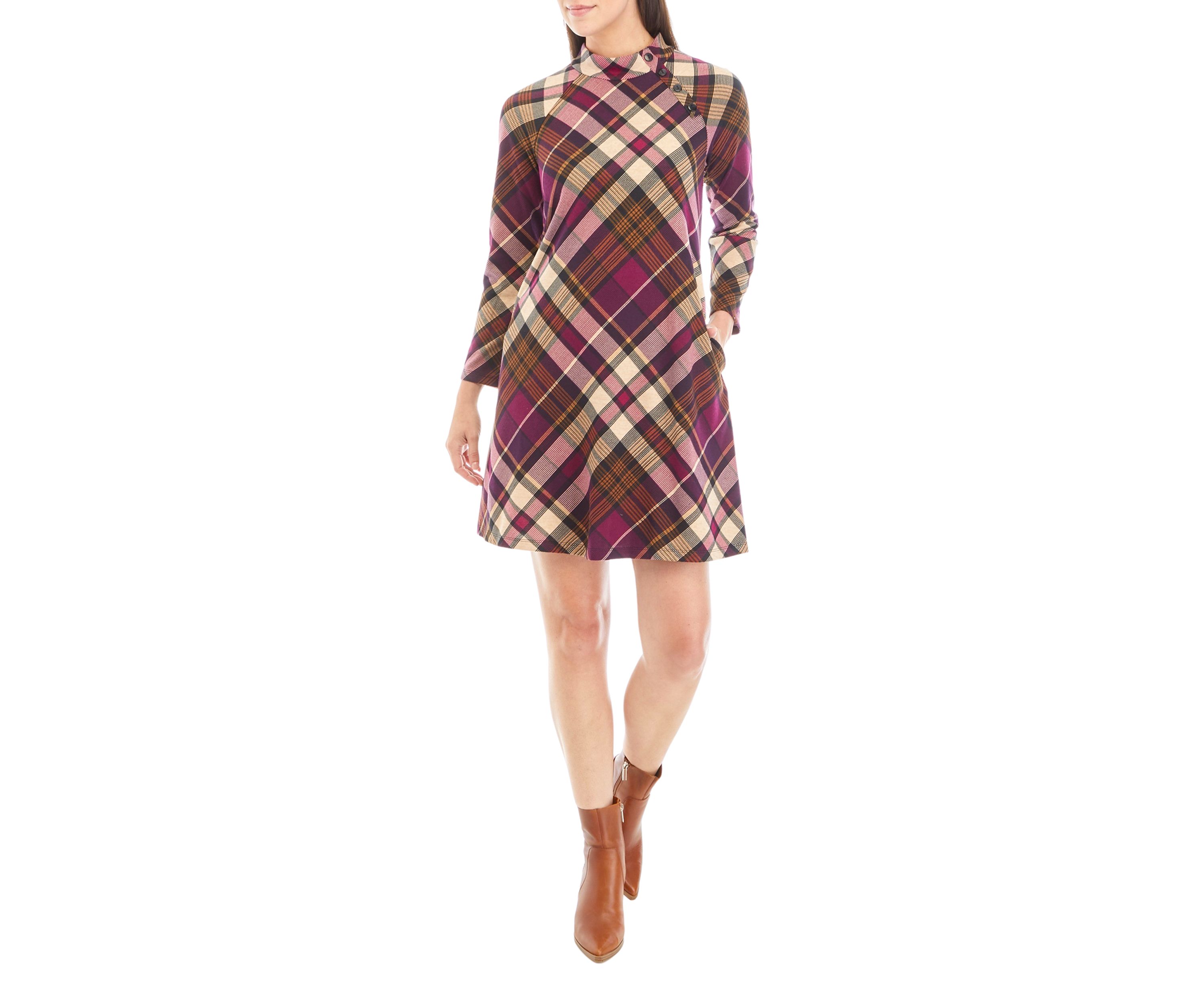 Womens Mock Neck Plaid A-Line Dress