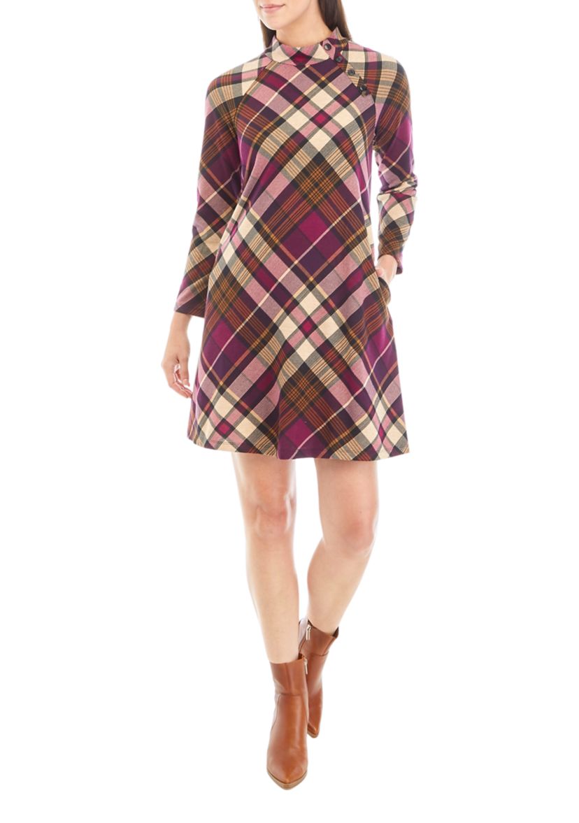 Womens Mock Neck Plaid A-Line Dress