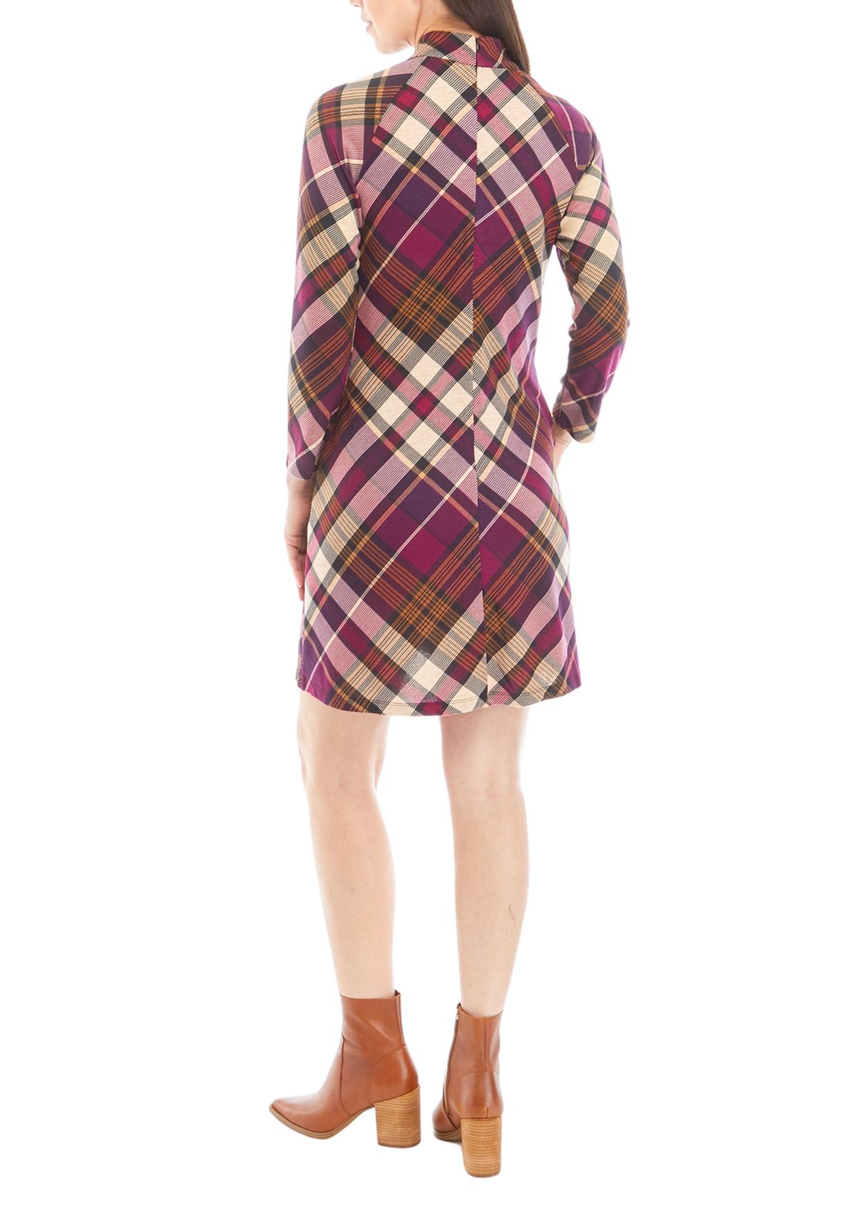 Womens Mock Neck Plaid A-Line Dress